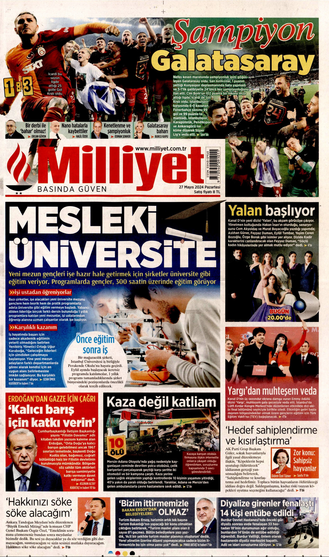 MİLLİYET 27 Mayıs 2024 Gazete Manşeti Büyük