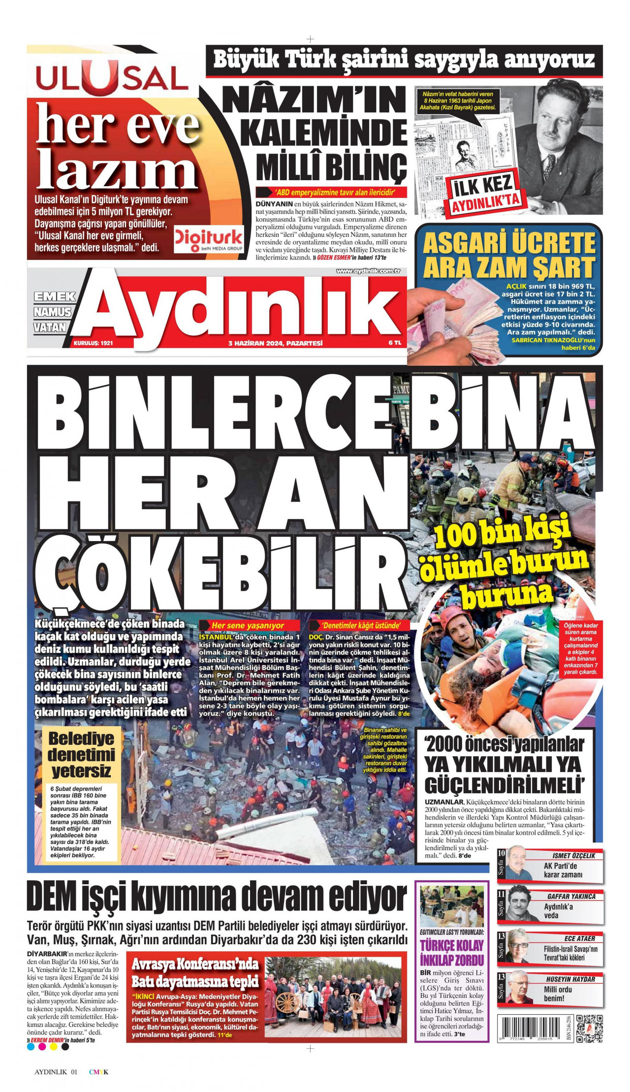 AYDINLIK GAZETESİ 3 Haziran 2024 Gazete Manşeti Büyük