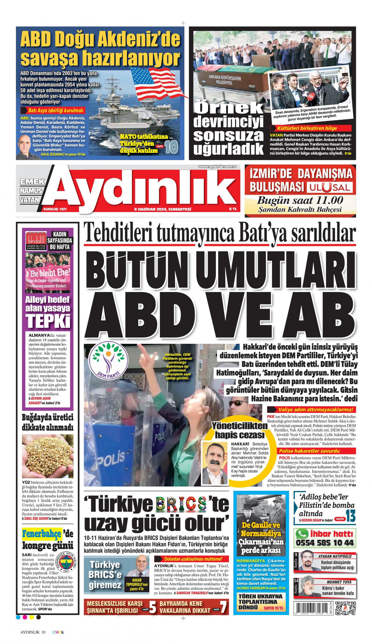 AYDINLIK GAZETESİ 8 Haziran 2024 Gazete Manşeti Büyük