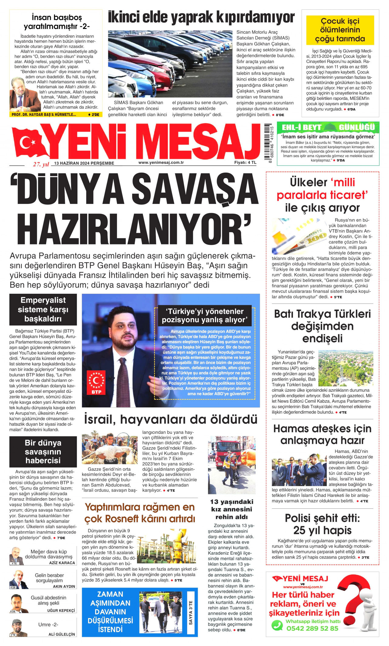 YENİ MESAJ 13 Haziran 2024 Gazete Manşeti Büyük