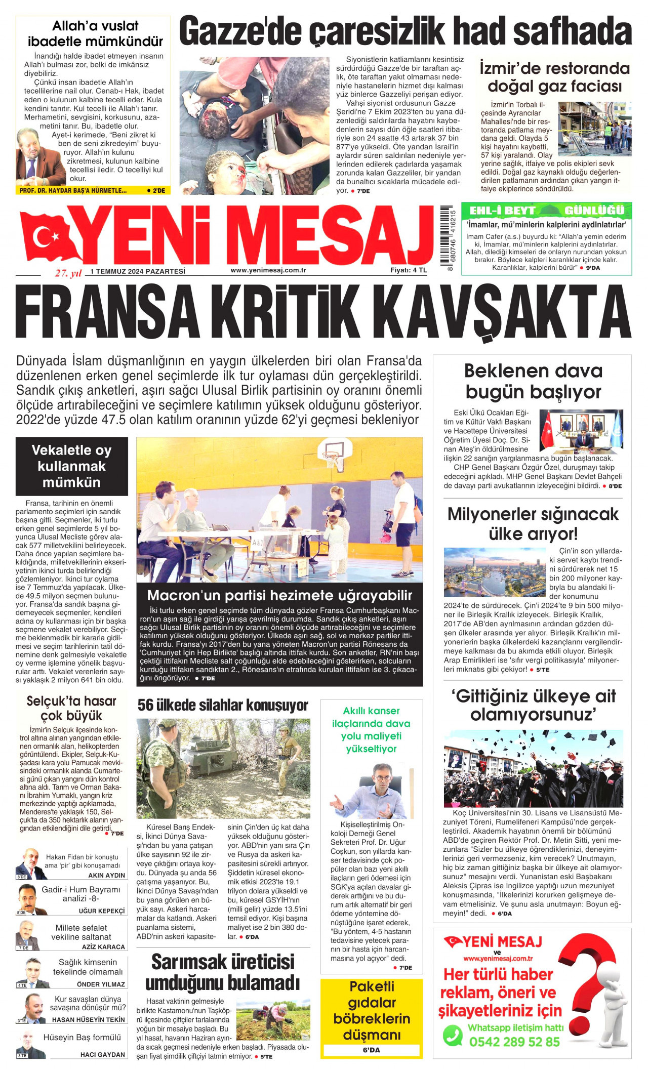 YENİ MESAJ 1 Temmuz 2024 Gazete Manşeti Büyük