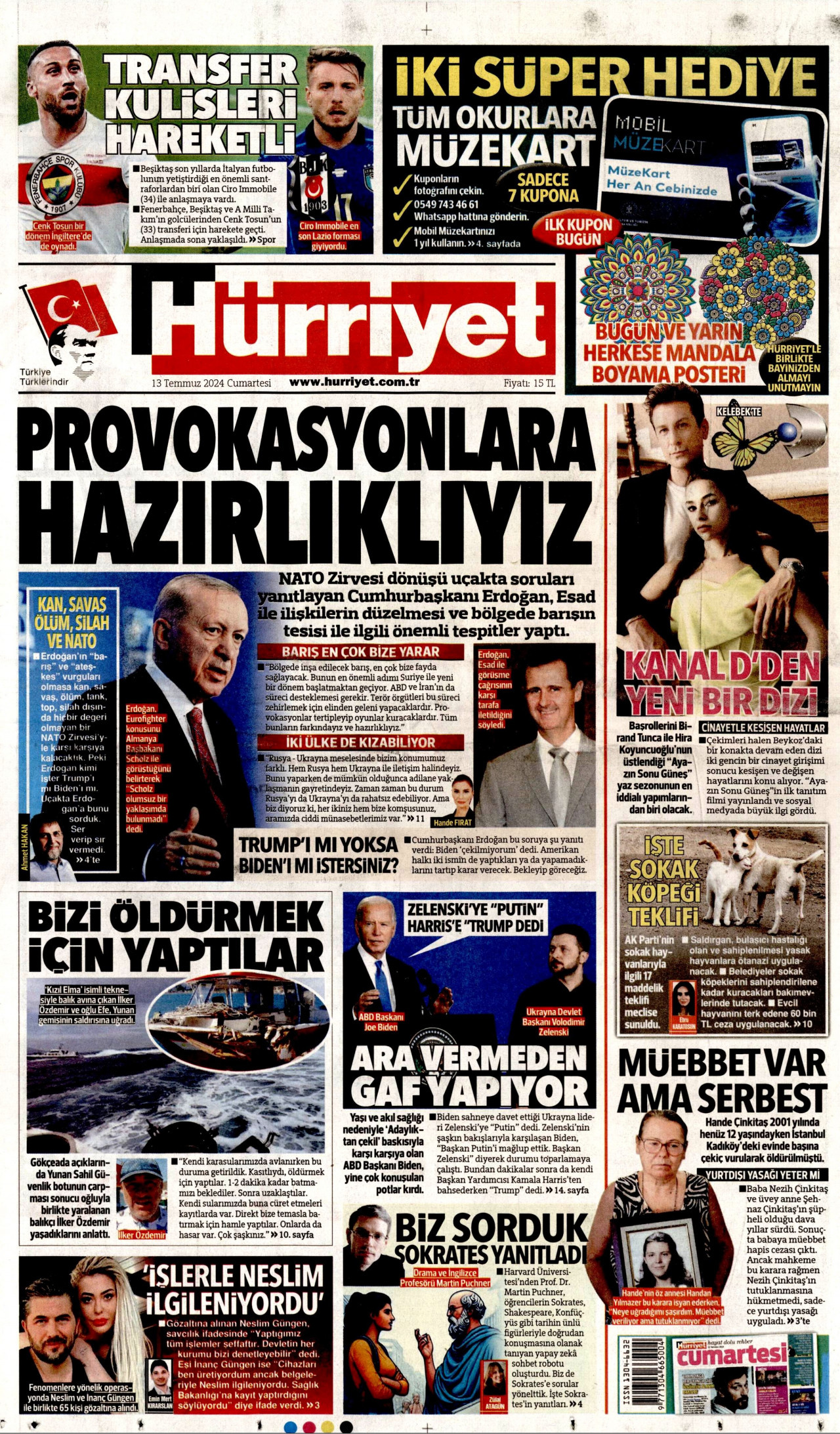 HÜRRİYET 13 Temmuz 2024 Gazete Manşeti Büyük