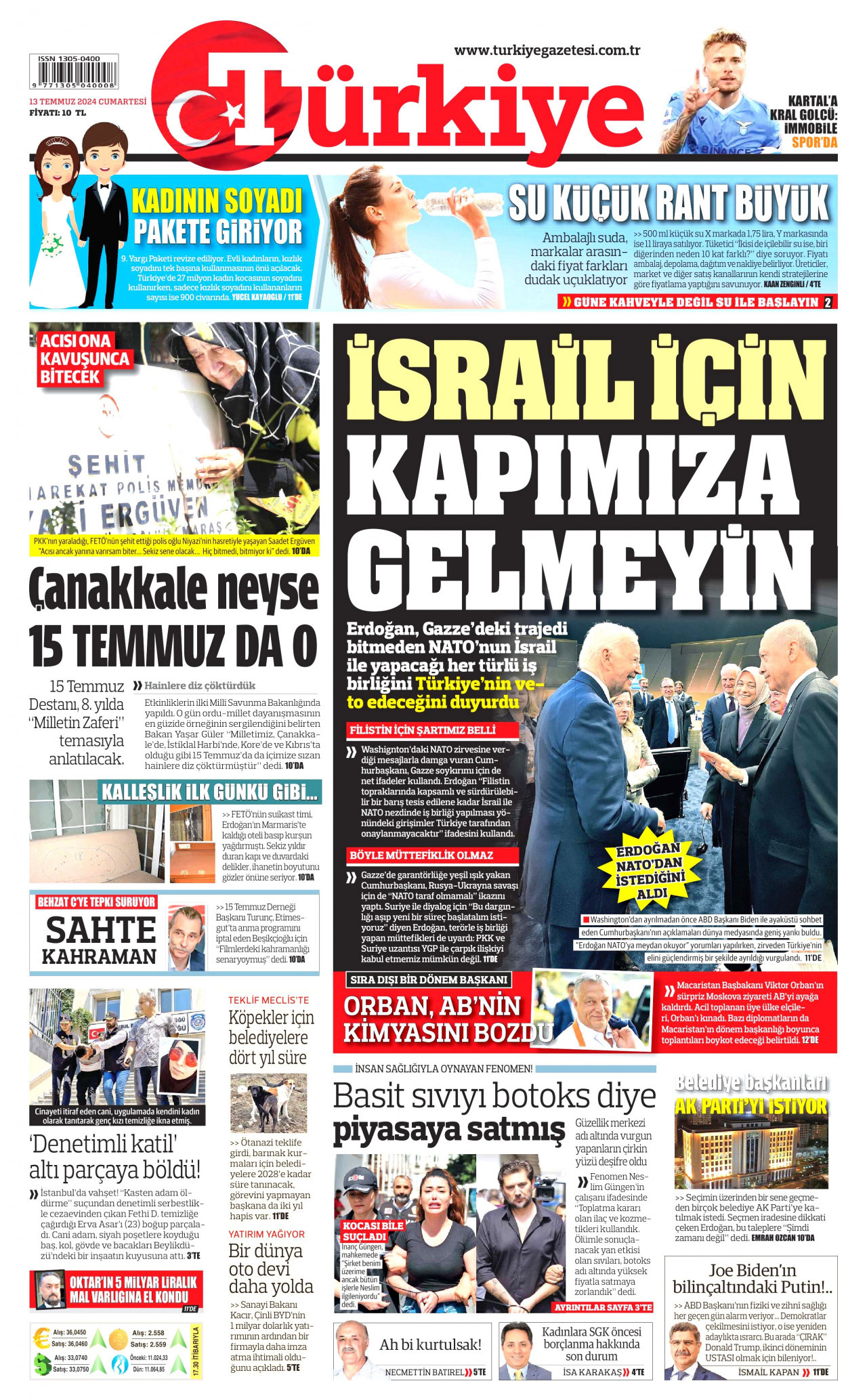 TÜRKİYE GAZETESİ 13 Temmuz 2024 Gazete Manşeti Büyük