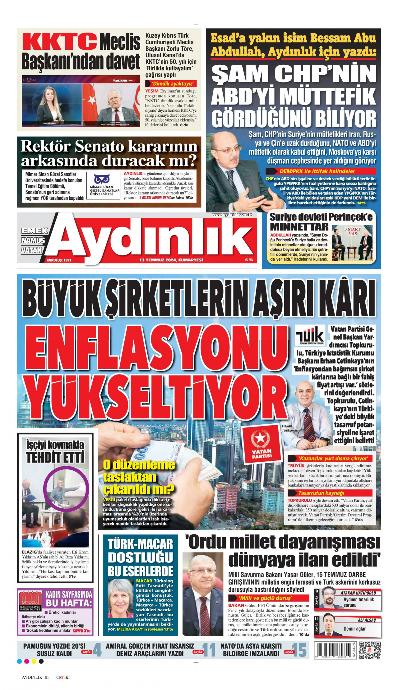 AYDINLIK GAZETESİ 13 Temmuz 2024 Gazete Manşeti Büyük