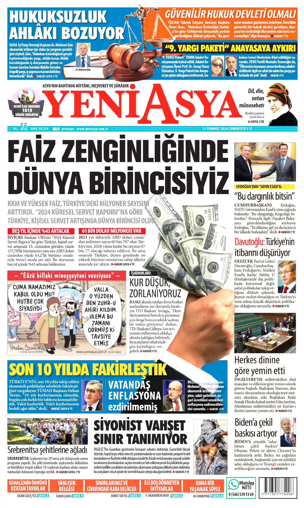 YENİ ASYA 13 Temmuz 2024 Gazete Manşeti Büyük