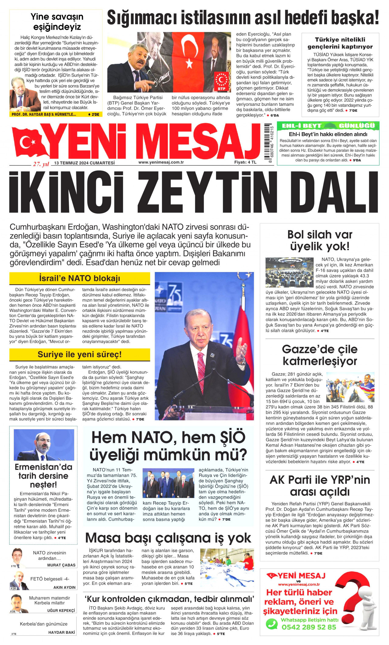 YENİ MESAJ 13 Temmuz 2024 Gazete Manşeti Büyük