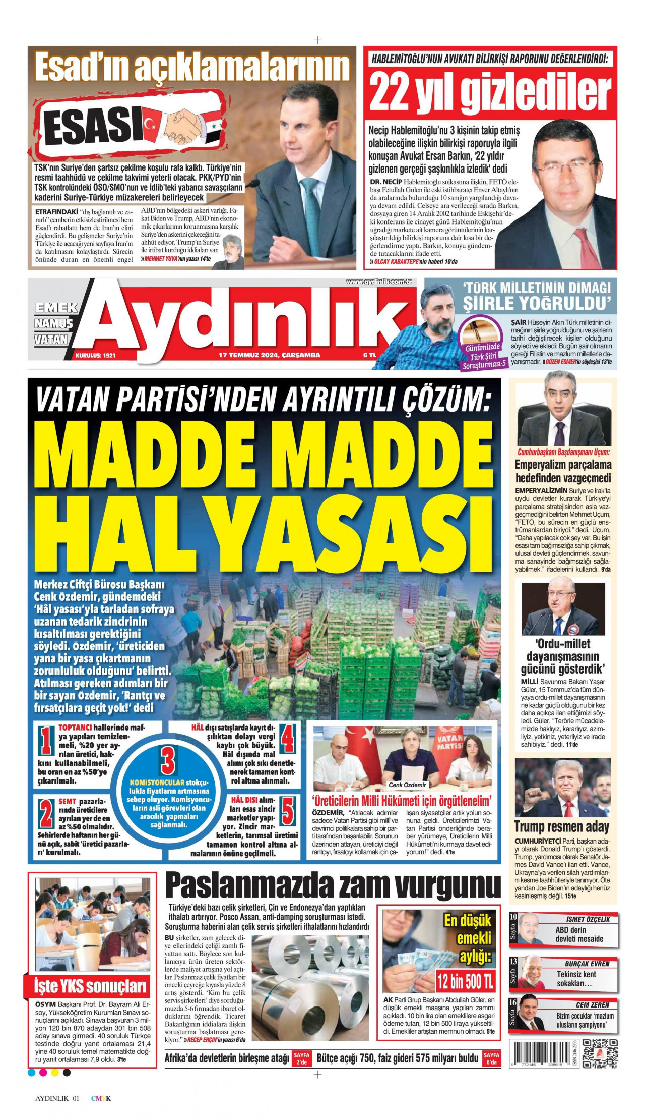 AYDINLIK GAZETESİ 17 Temmuz 2024 Gazete Manşeti Büyük