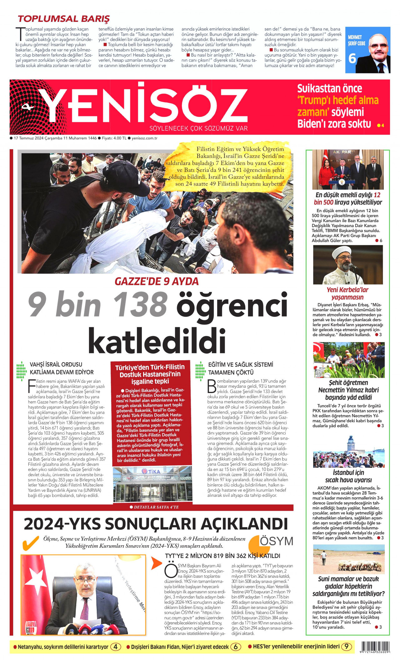 YENİ SÖZ GAZETESİ 17 Temmuz 2024 Gazete Manşeti Büyük