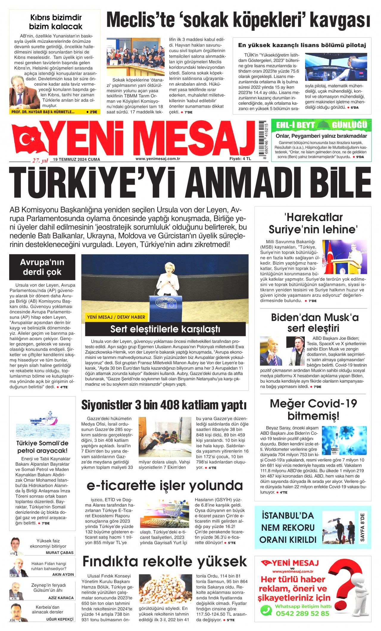 YENİ MESAJ 19 Temmuz 2024 Gazete Manşeti Büyük