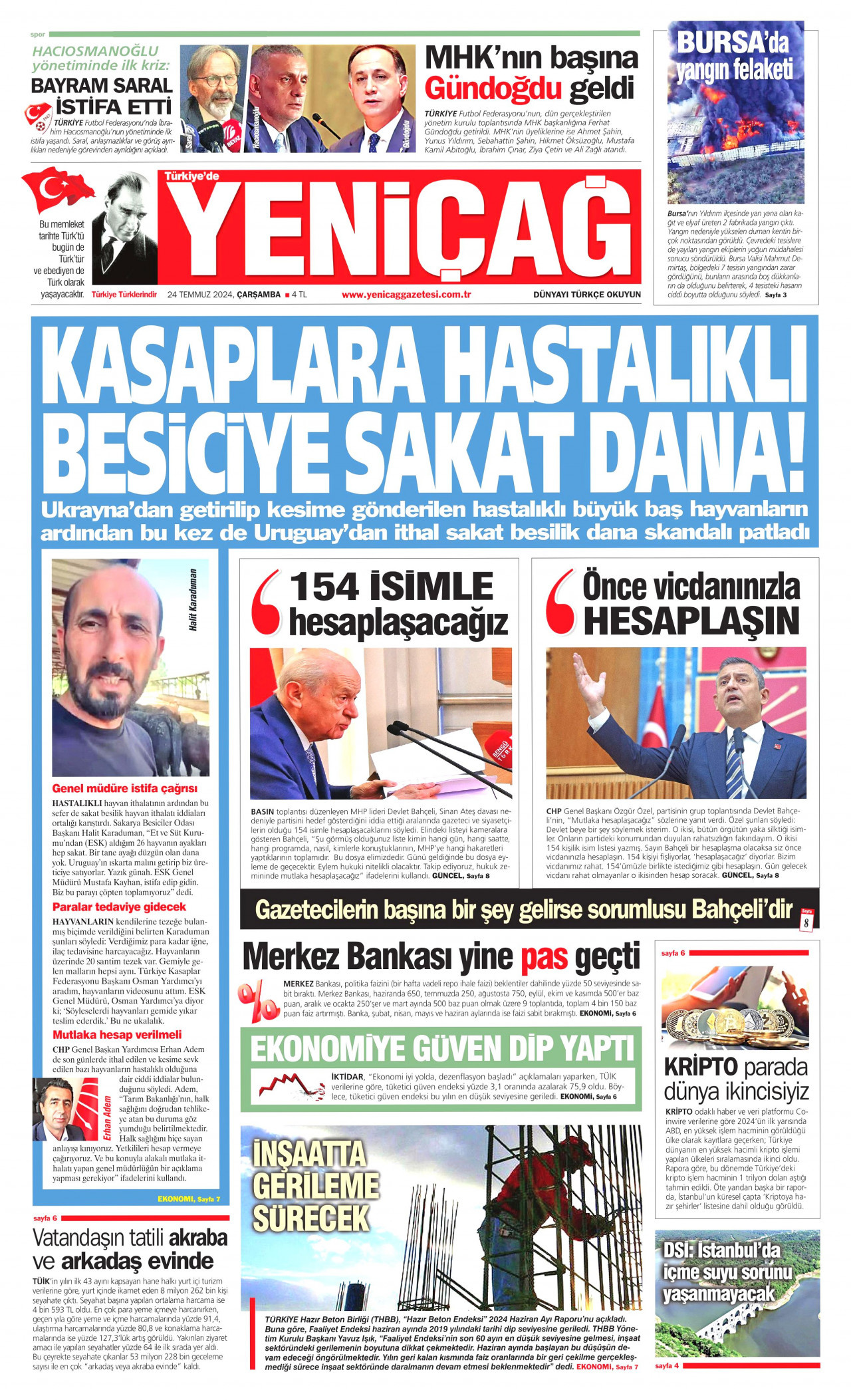 YENİÇAĞ 24 Temmuz 2024 Gazete Manşeti Büyük