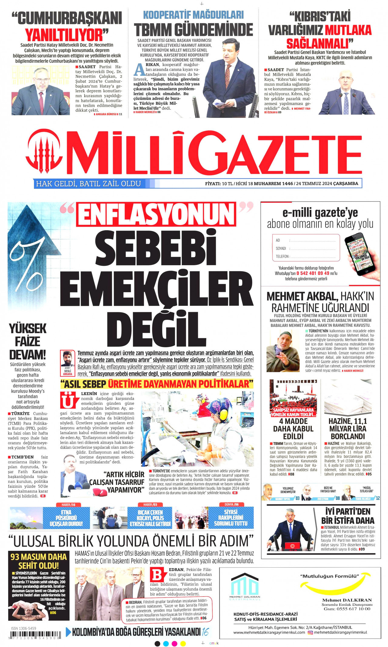 MİLLİ GAZETE 24 Temmuz 2024 Gazete Manşeti Büyük