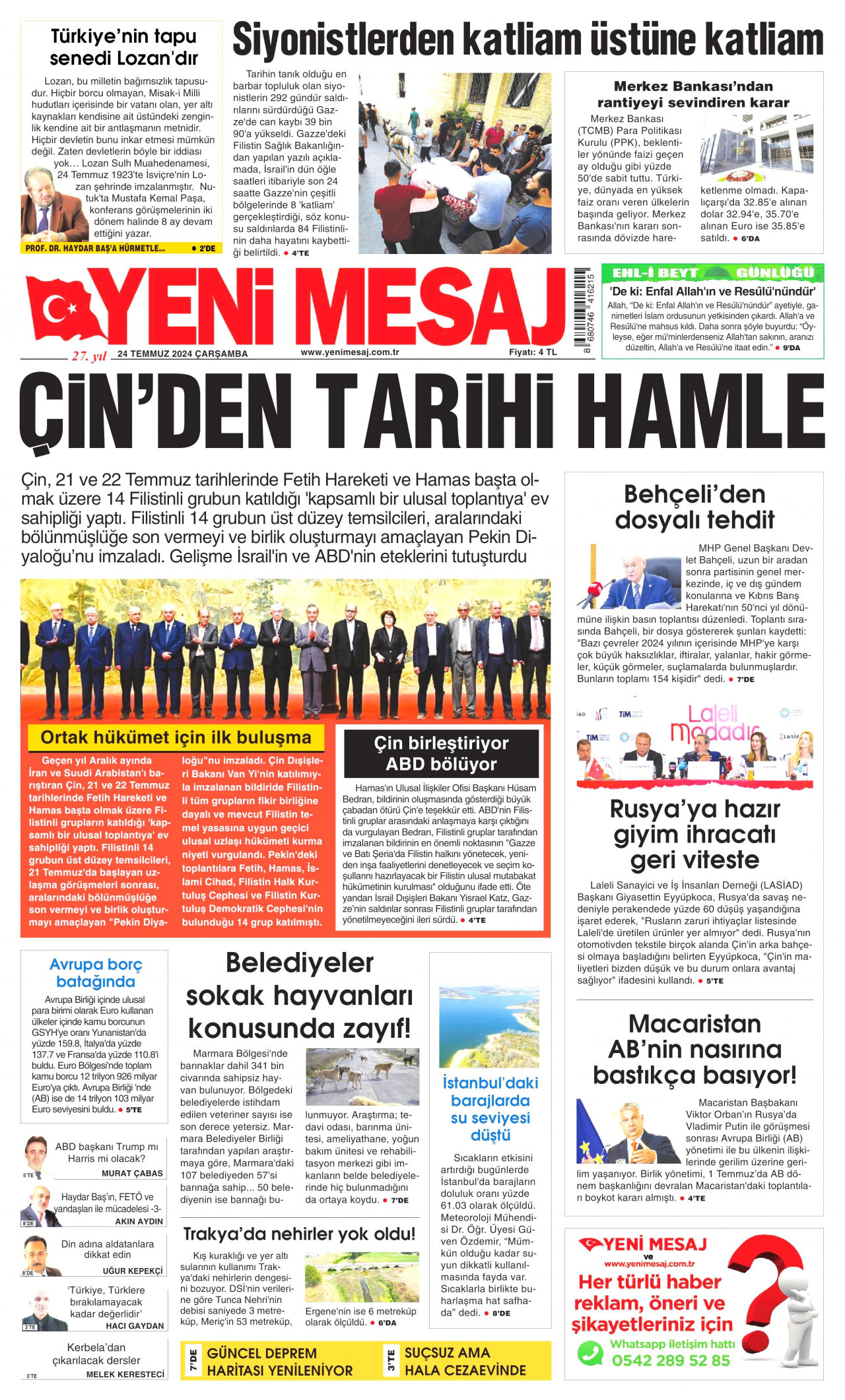 YENİ MESAJ 24 Temmuz 2024 Gazete Manşeti Büyük