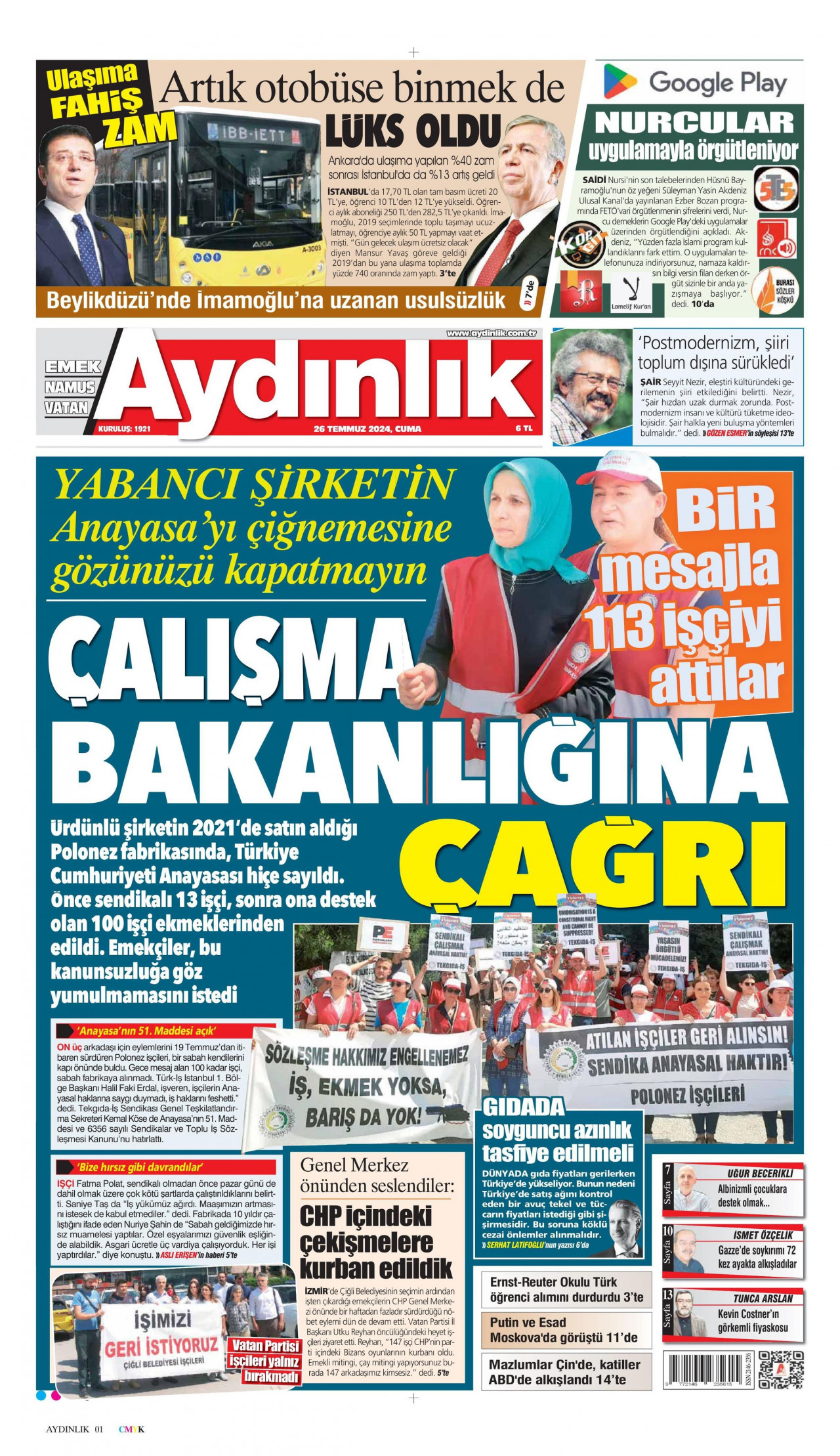 AYDINLIK GAZETESİ 26 Temmuz 2024 Gazete Manşeti Büyük