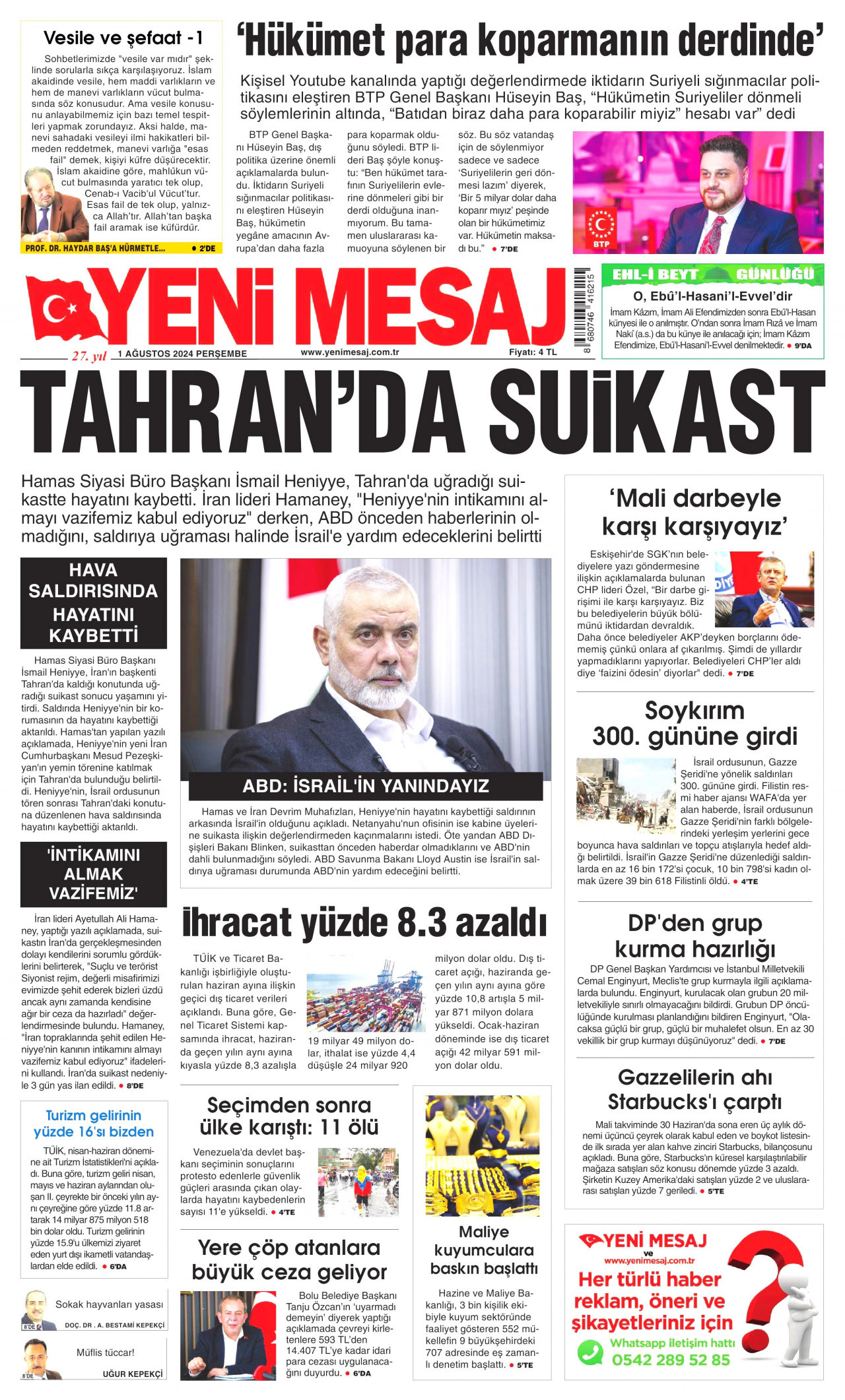 YENİ MESAJ 1 Ağustos 2024 Gazete Manşeti Büyük