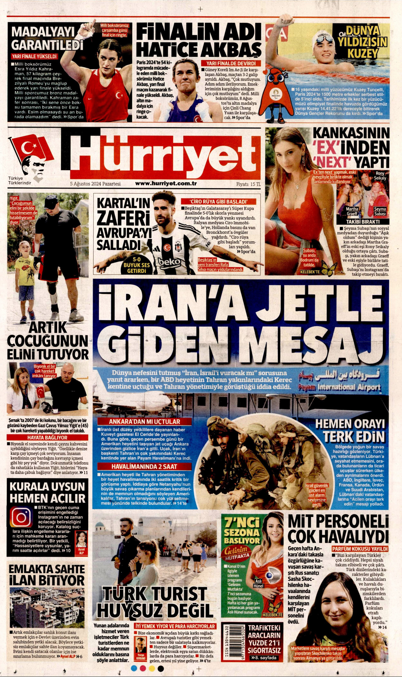 HÜRRİYET 5 Ağustos 2024 Gazete Manşeti Büyük