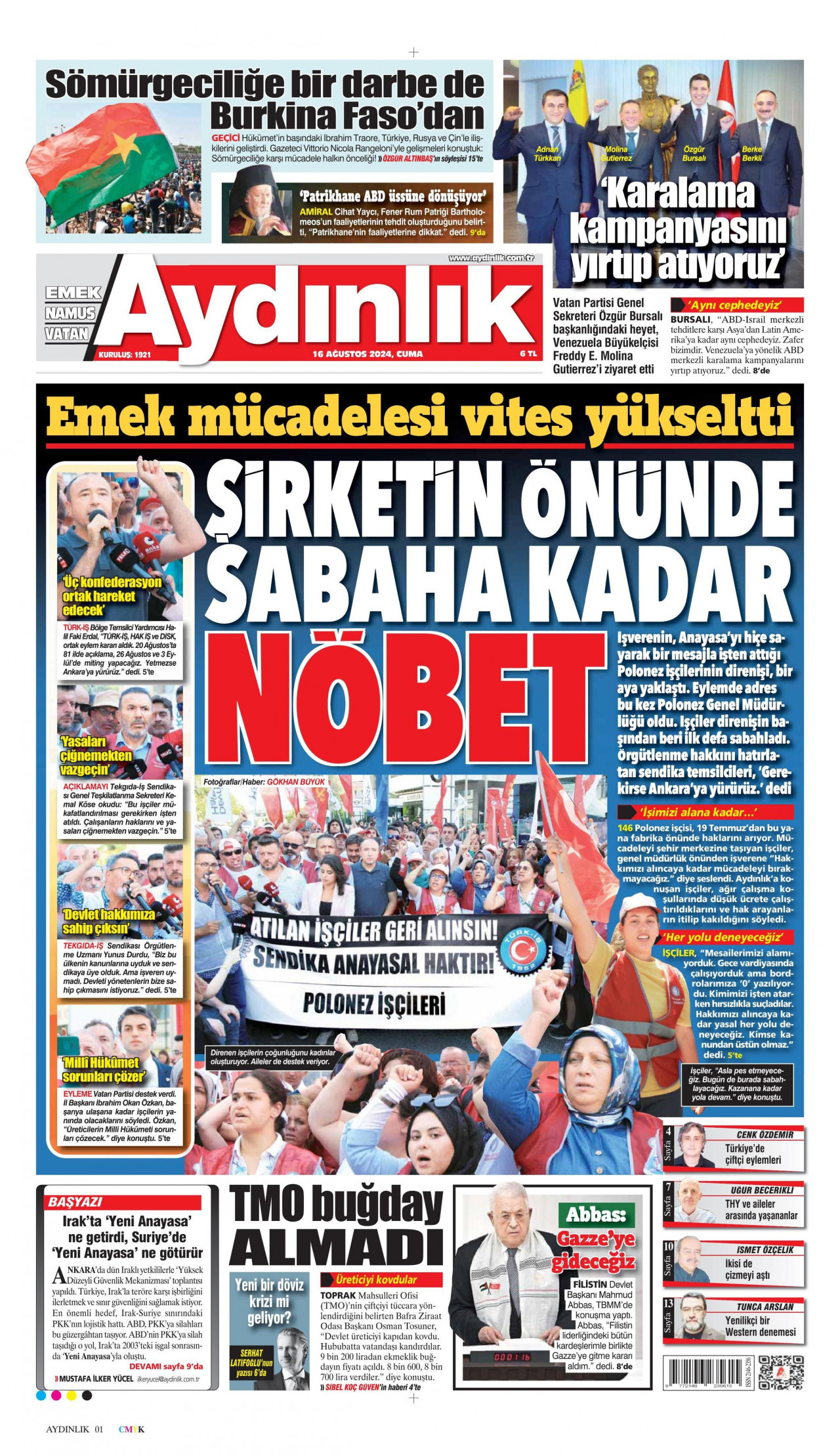 AYDINLIK GAZETESİ 16 Ağustos 2024 Gazete Manşeti Büyük