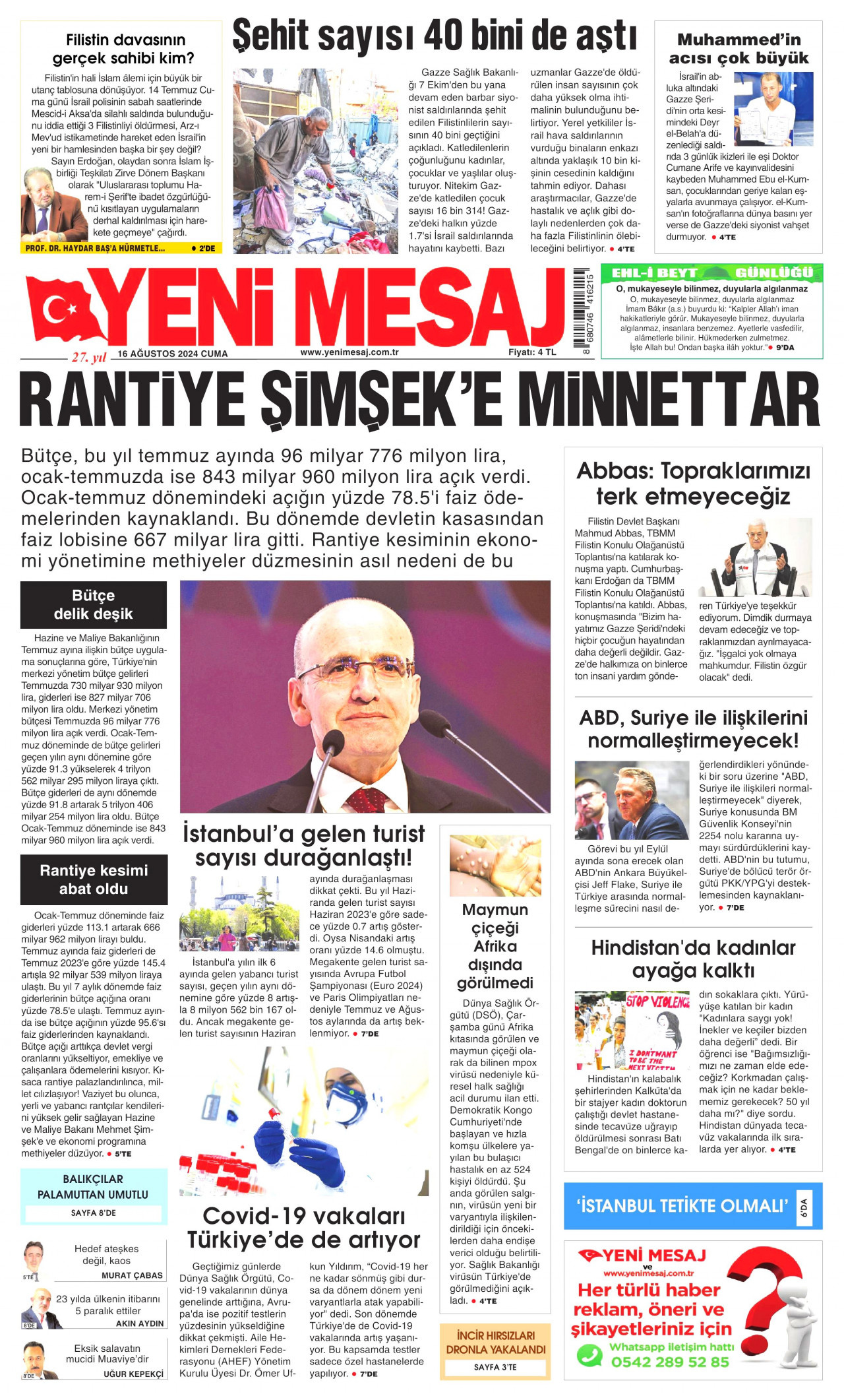 YENİ MESAJ 16 Ağustos 2024 Gazete Manşeti Büyük