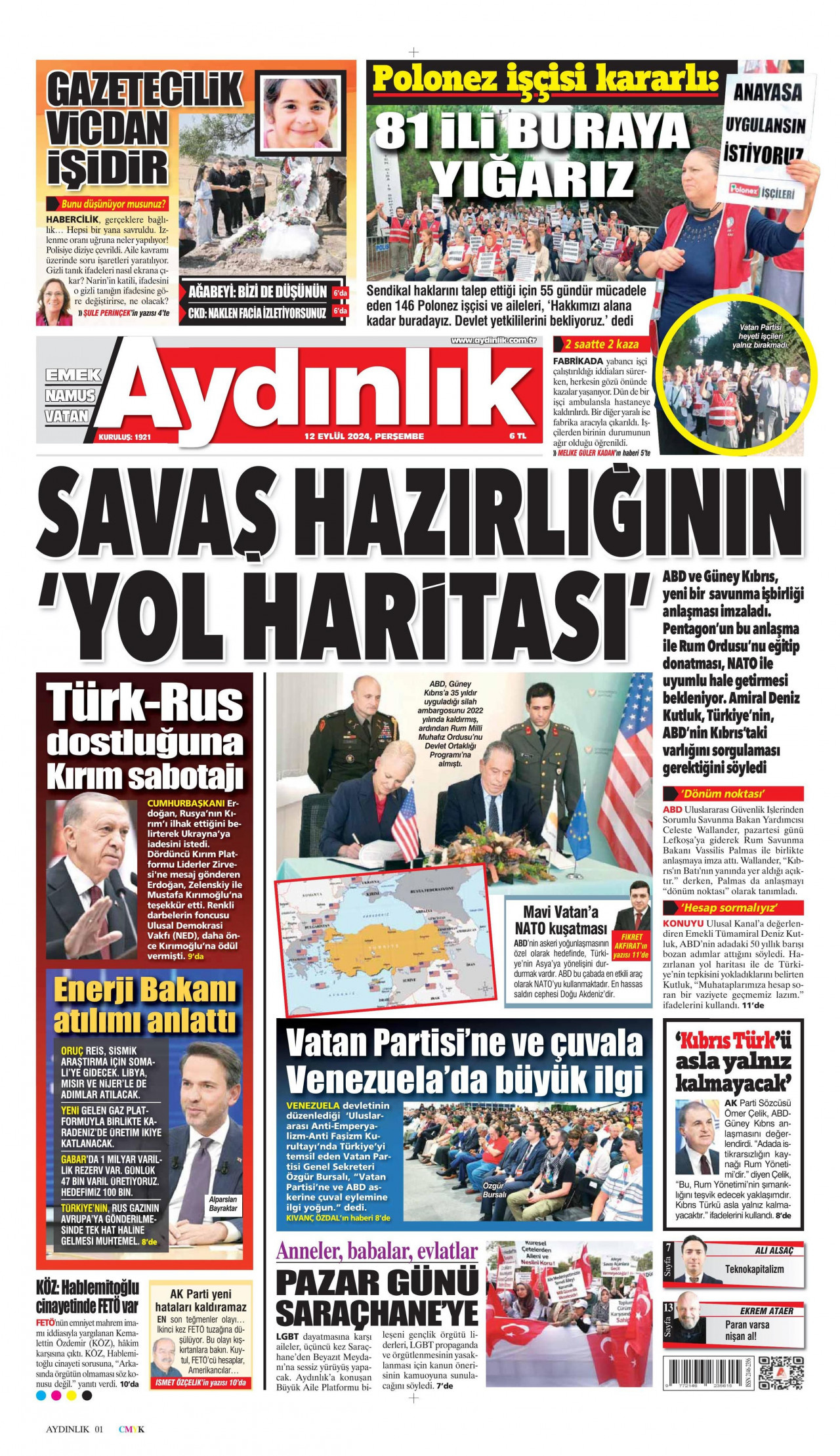 AYDINLIK GAZETESİ 12 Eylül 2024 Gazete Manşeti Büyük