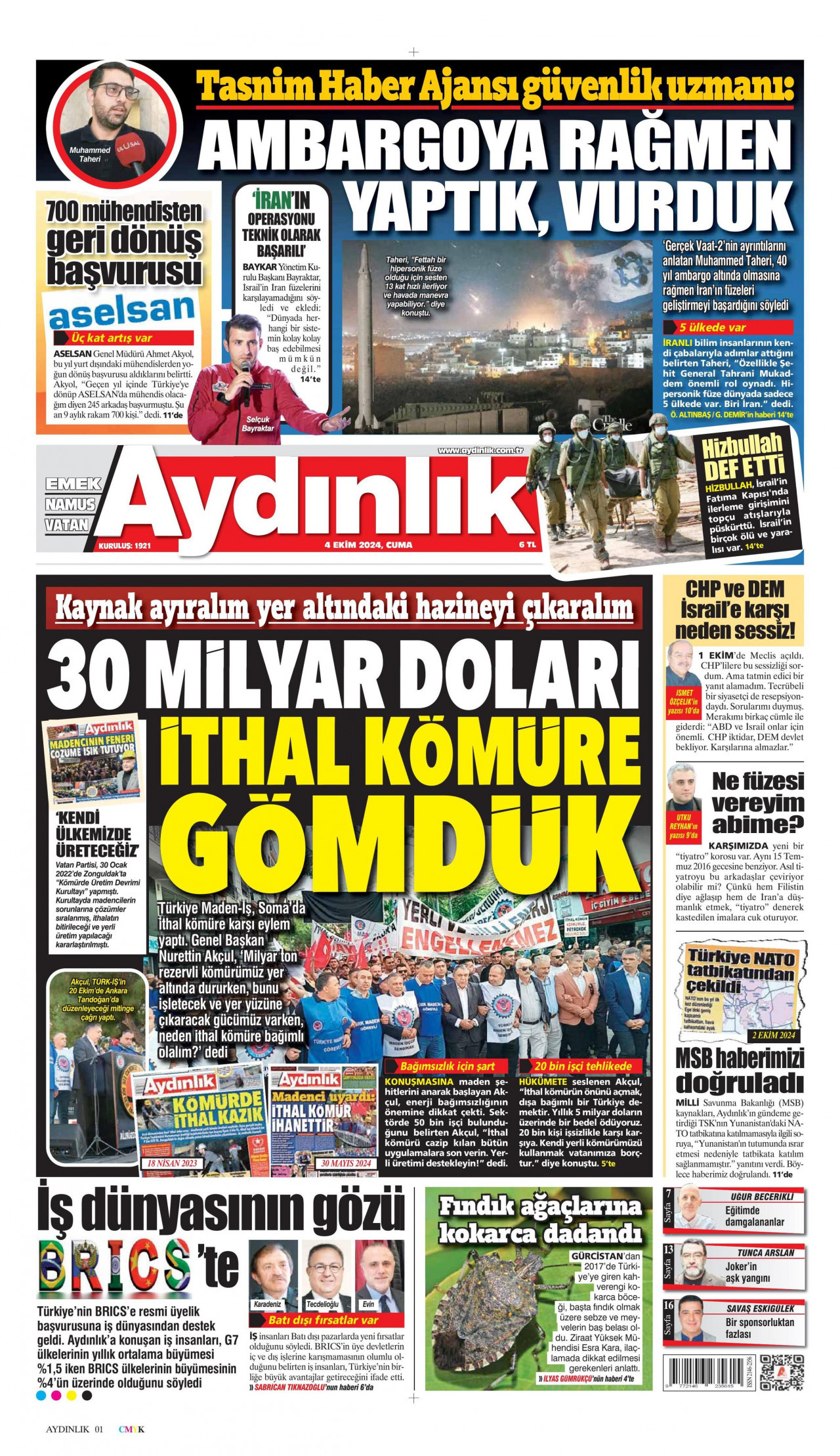 AYDINLIK GAZETESİ 4 Ekim 2024 Gazete Manşeti Büyük