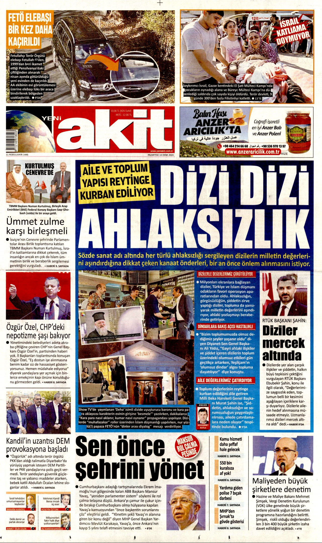 YENİ AKİT 14 Ekim 2024 Gazete Manşeti Büyük