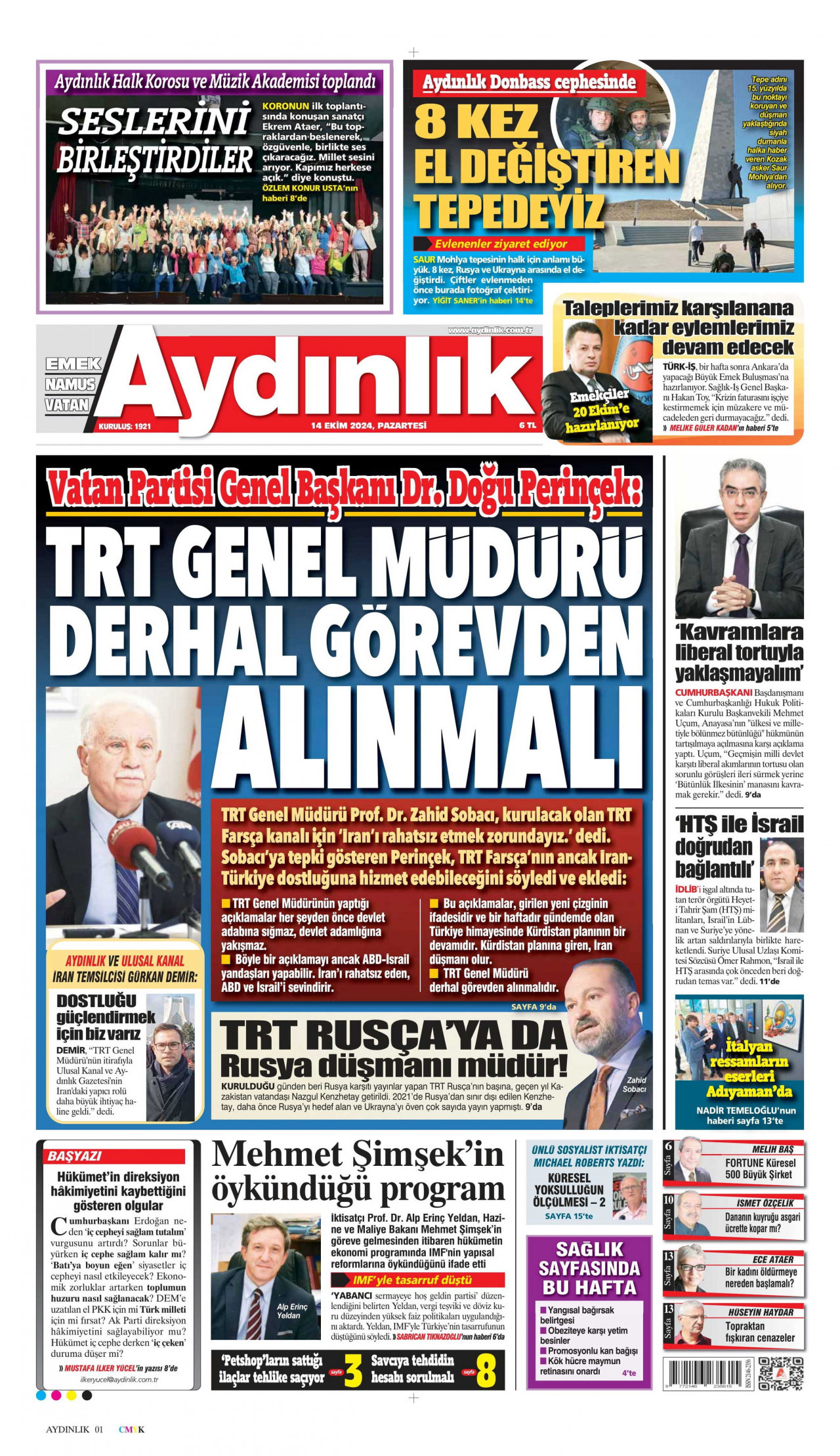 AYDINLIK GAZETESİ 14 Ekim 2024 Gazete Manşeti Büyük