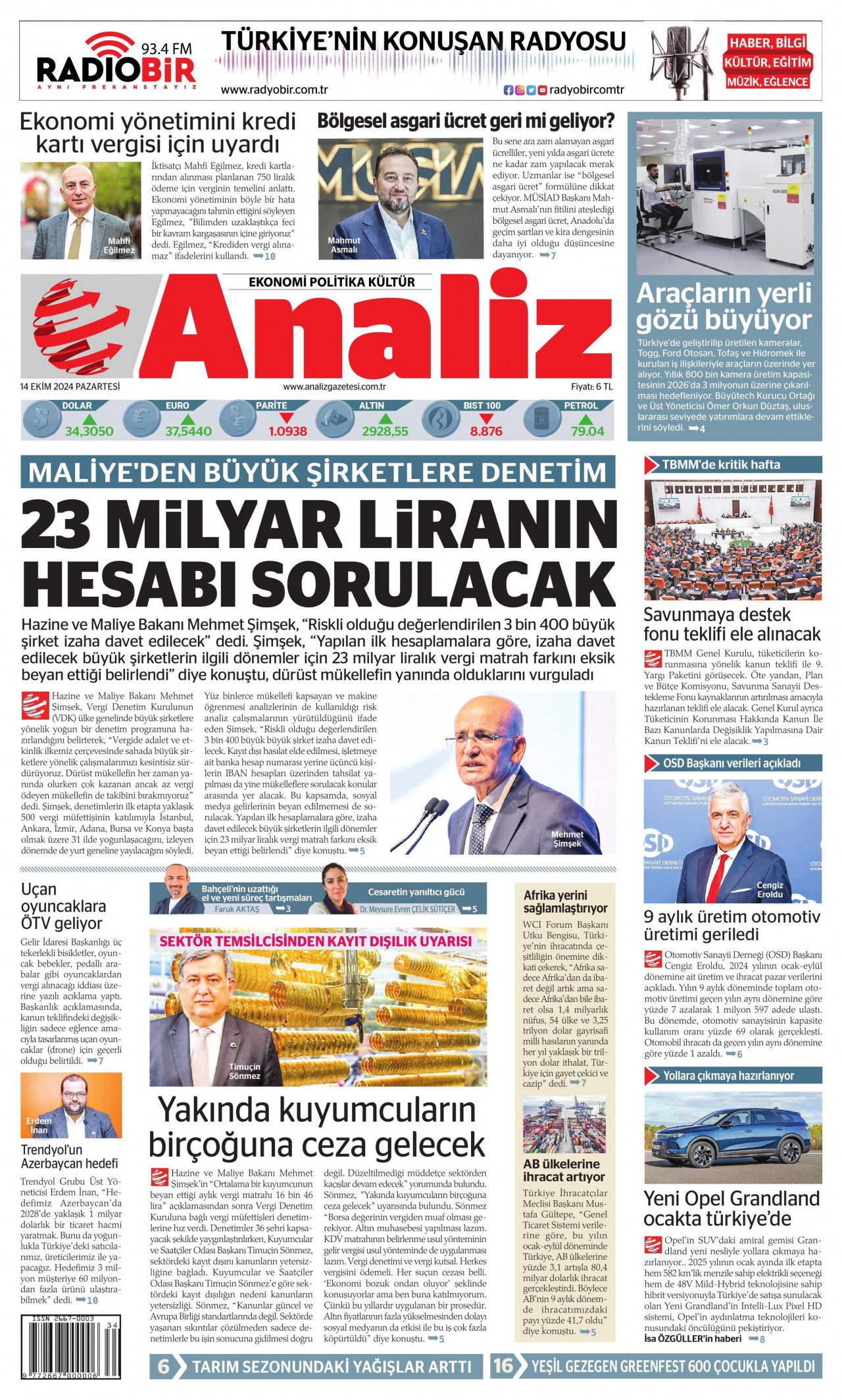 ANALİZ 14 Ekim 2024 Gazete Manşeti Büyük