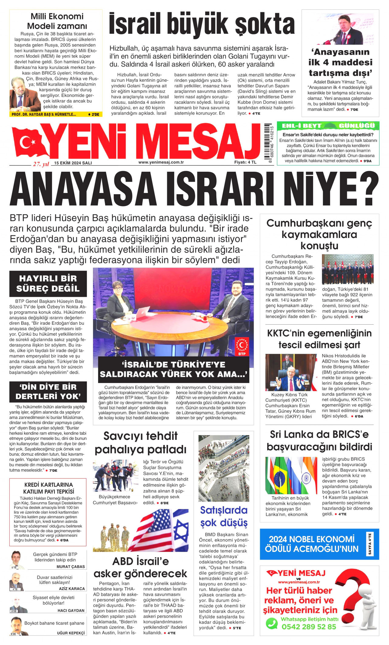 YENİ MESAJ 15 Ekim 2024 Gazete Manşeti Büyük