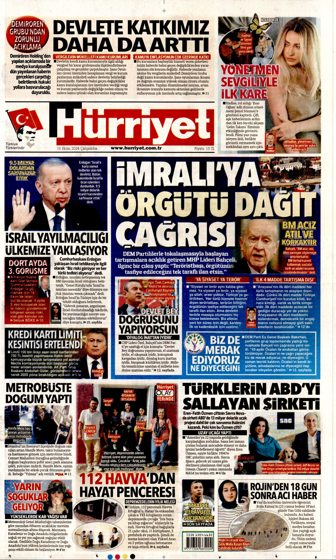 HÜRRİYET 16 Ekim 2024 Gazete Manşeti Büyük