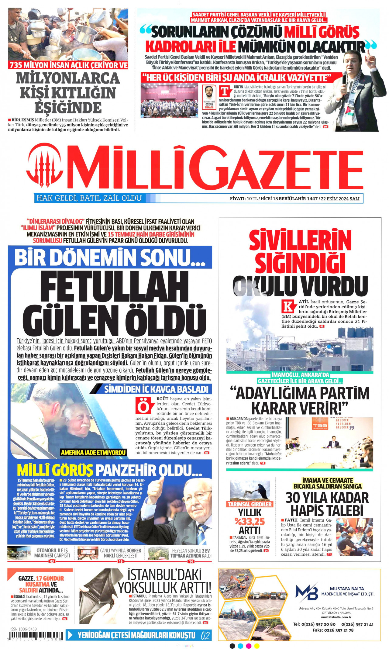 MİLLİ GAZETE 22 Ekim 2024 Gazete Manşeti Büyük