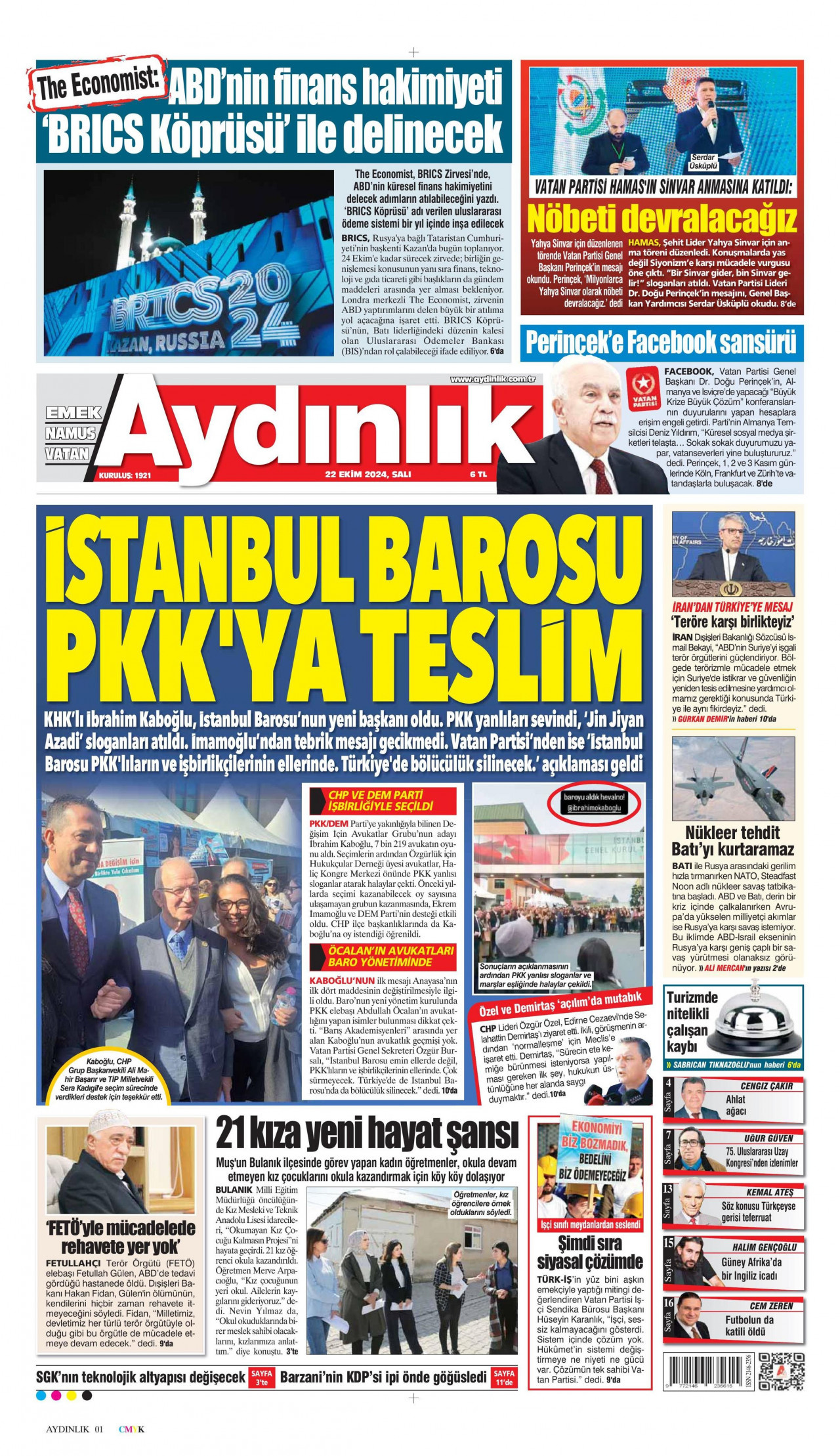 AYDINLIK GAZETESİ 22 Ekim 2024 Gazete Manşeti Büyük