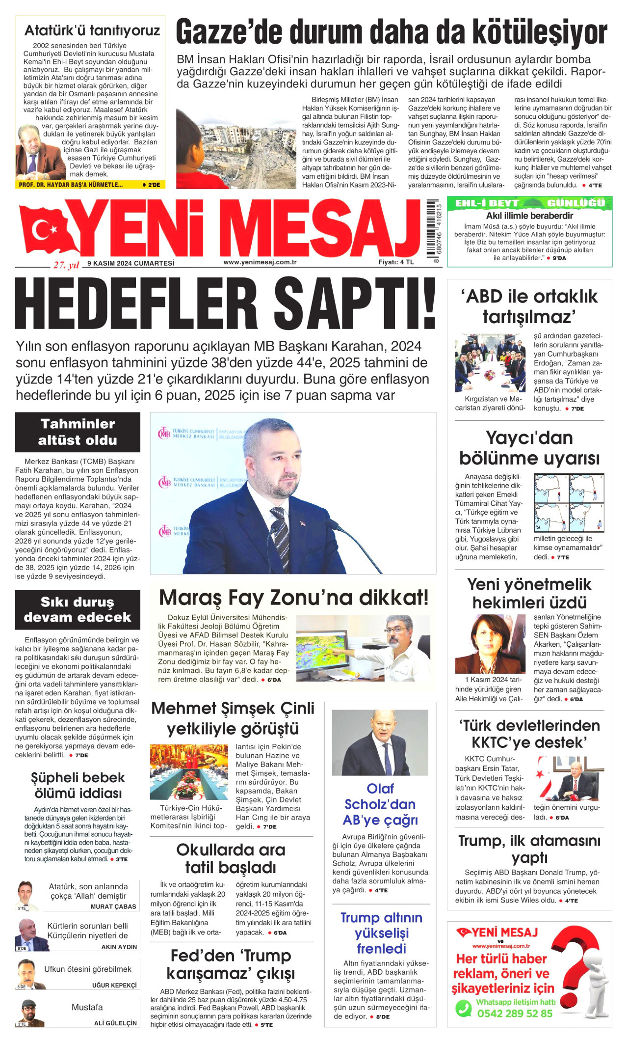 YENİ MESAJ 9 Kasım 2024 Gazete Manşeti Büyük