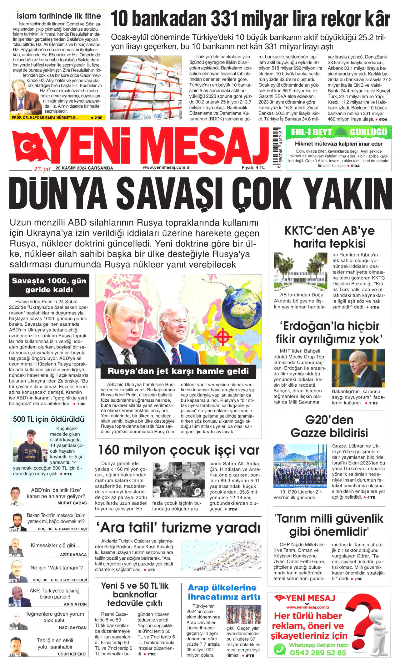 YENİ MESAJ 20 Kasım 2024 Gazete Manşeti Büyük