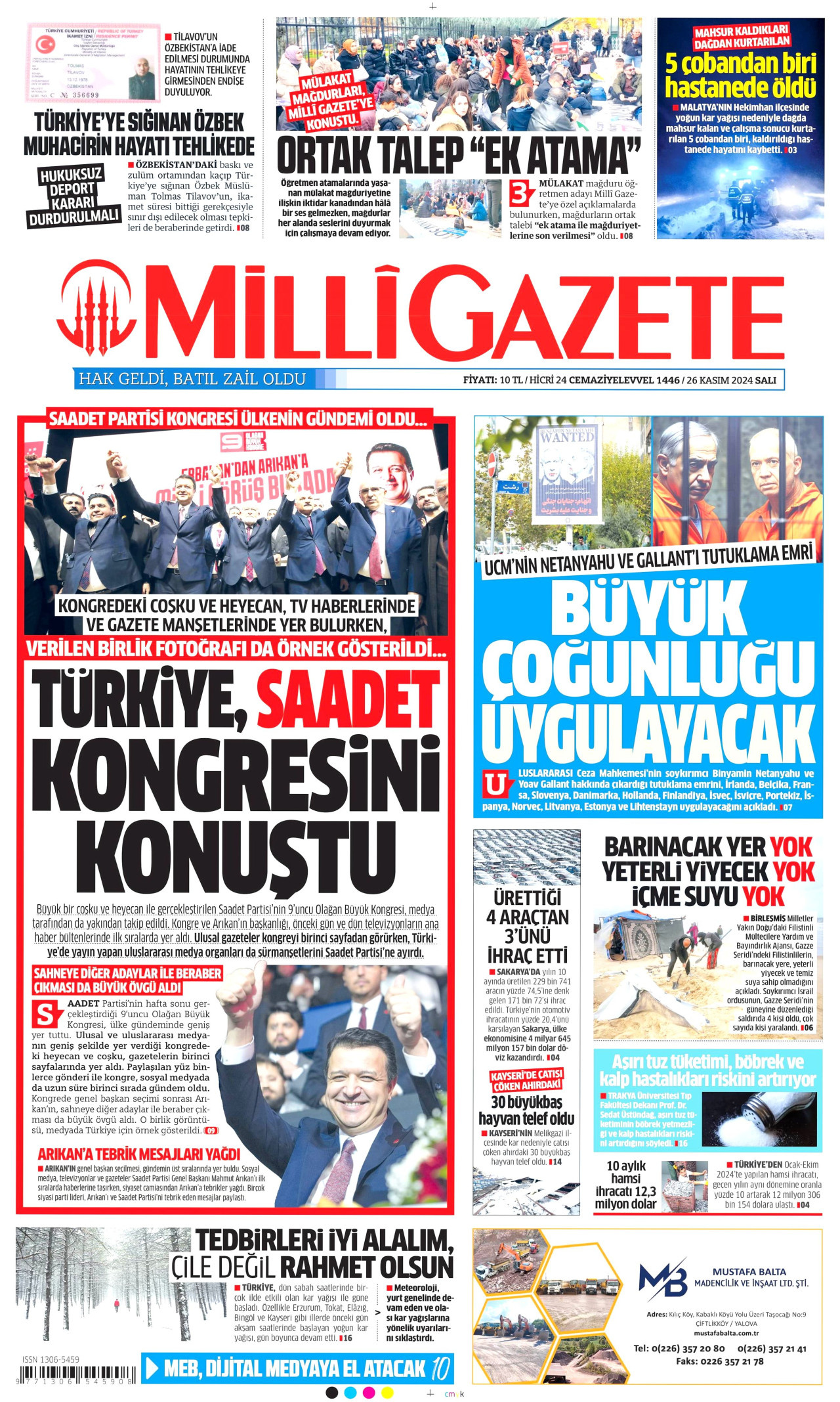 MİLLİ GAZETE 26 Kasım 2024 Gazete Manşeti Büyük