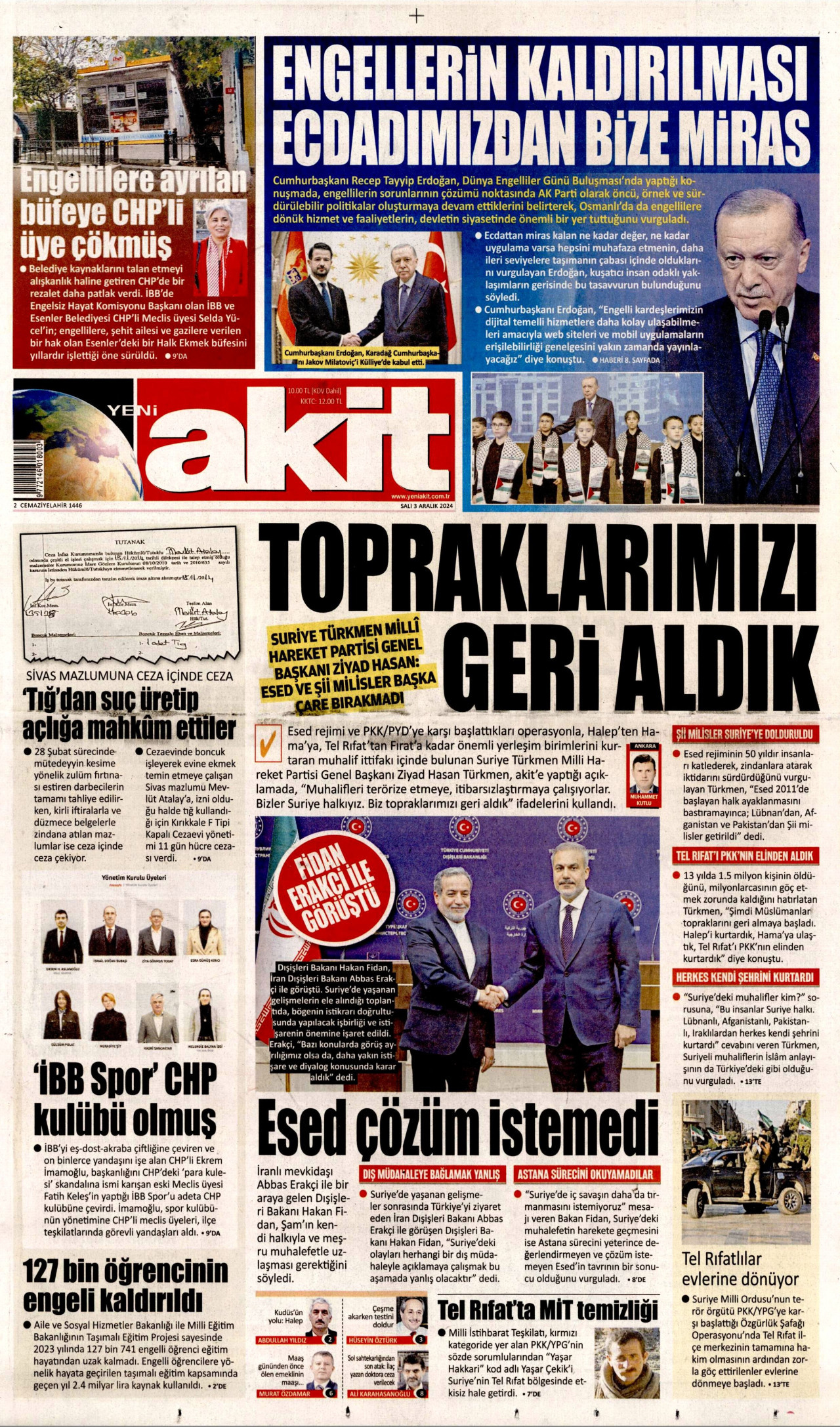 YENİ AKİT 3 Aralık 2024 Gazete Manşeti Büyük