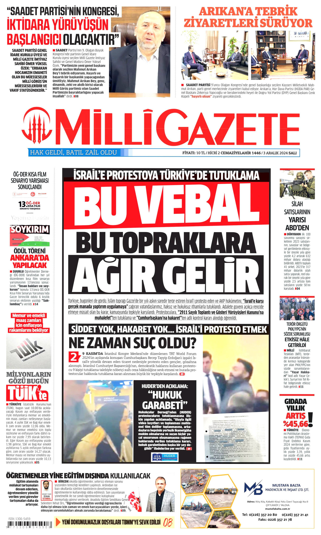 MİLLİ GAZETE 3 Aralık 2024 Gazete Manşeti Büyük