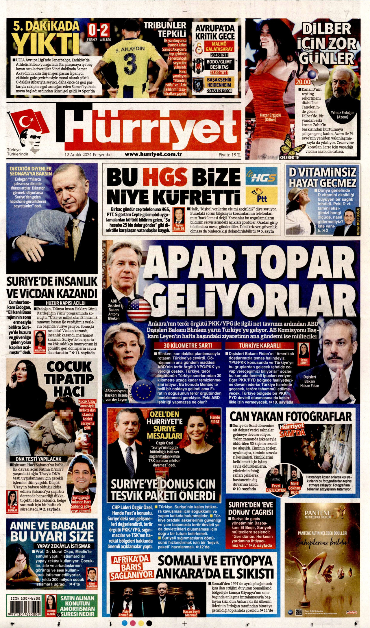 HÜRRİYET 12 Aralık 2024 Gazete Manşeti Büyük