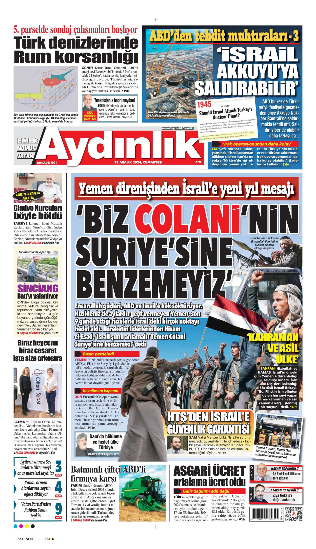 AYDINLIK GAZETESİ 28 Aralık 2024 Gazete Manşeti Büyük