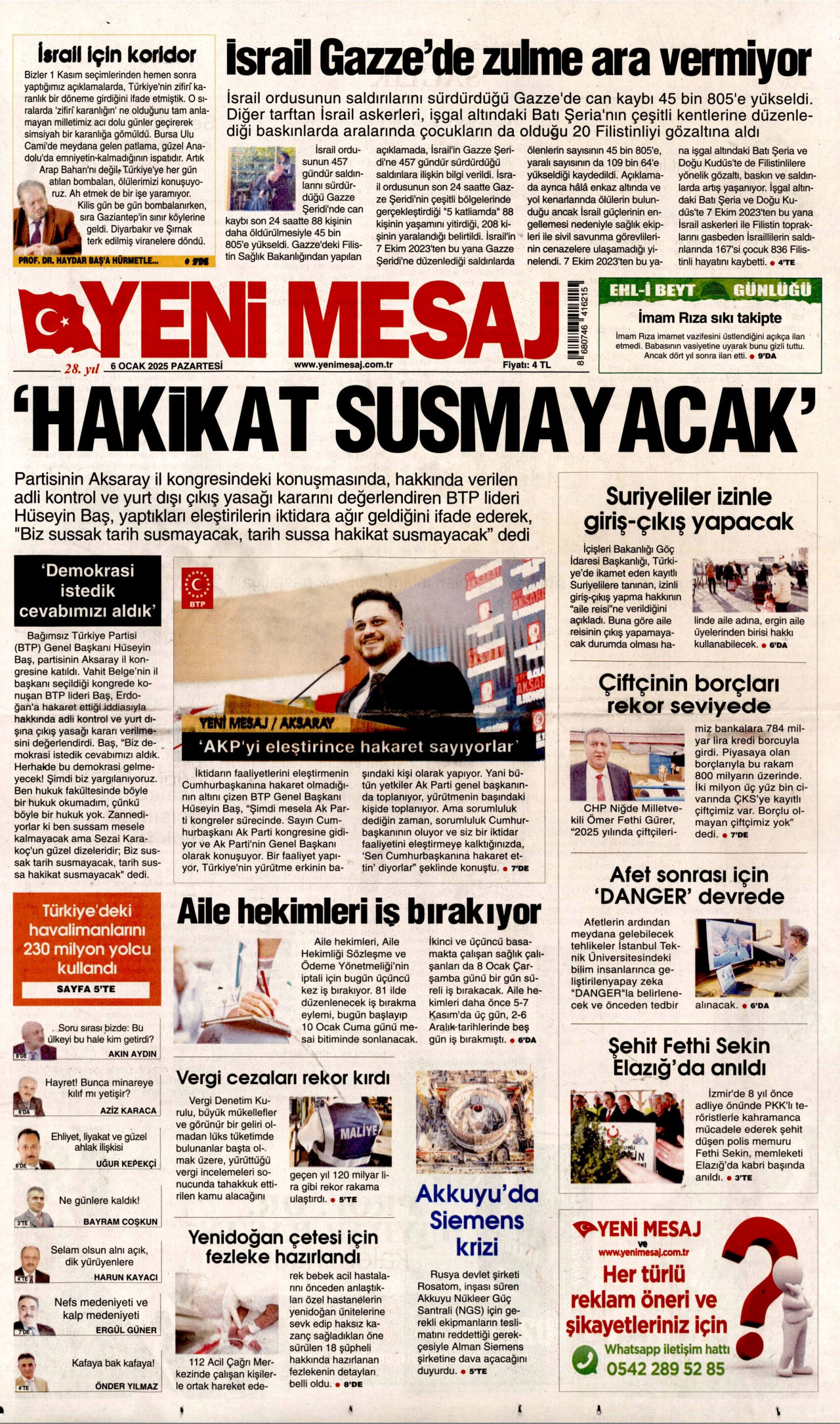 YENİ MESAJ 6 Ocak 2025 Gazete Manşeti Büyük