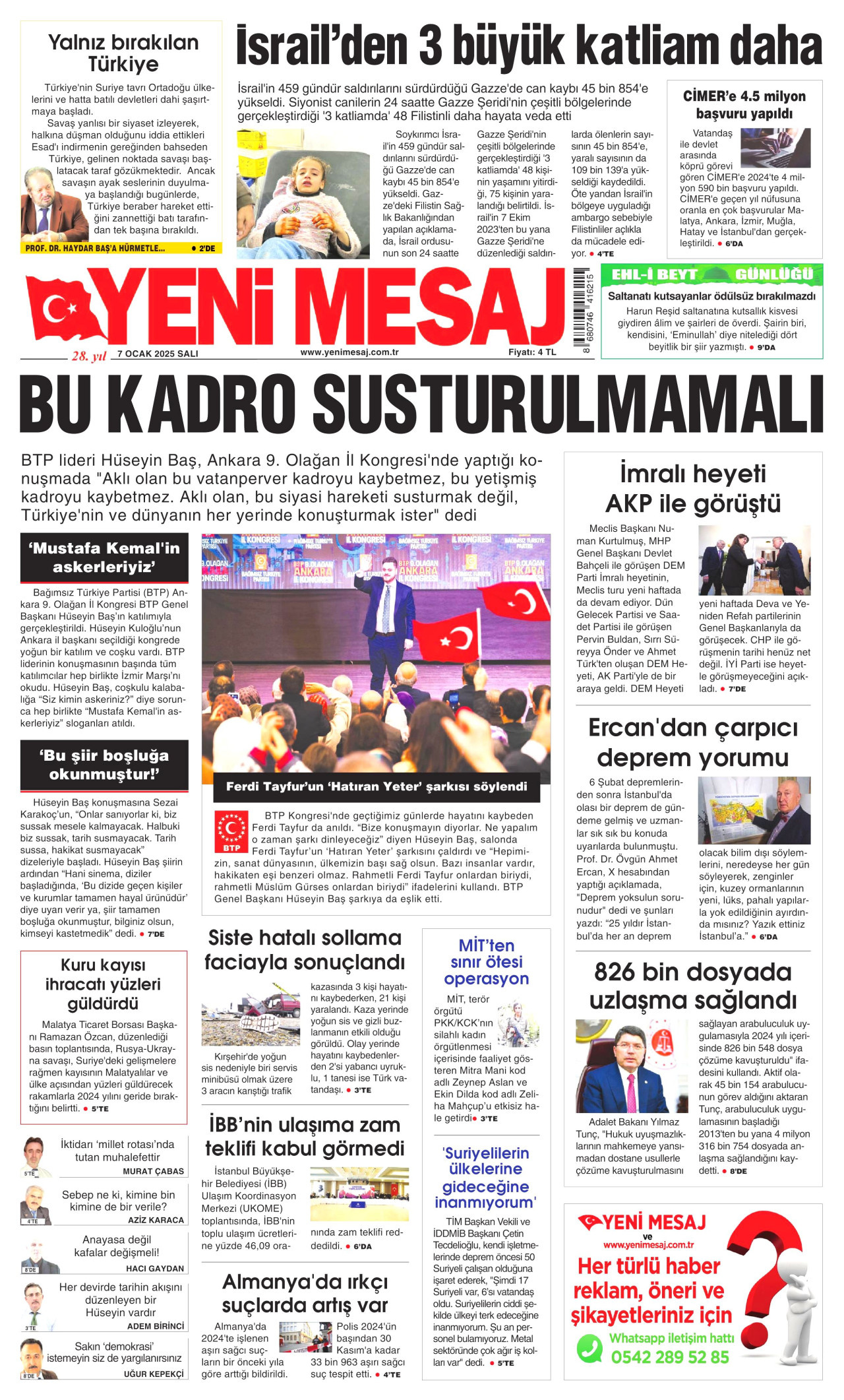 YENİ MESAJ 7 Ocak 2025 Gazete Manşeti Büyük