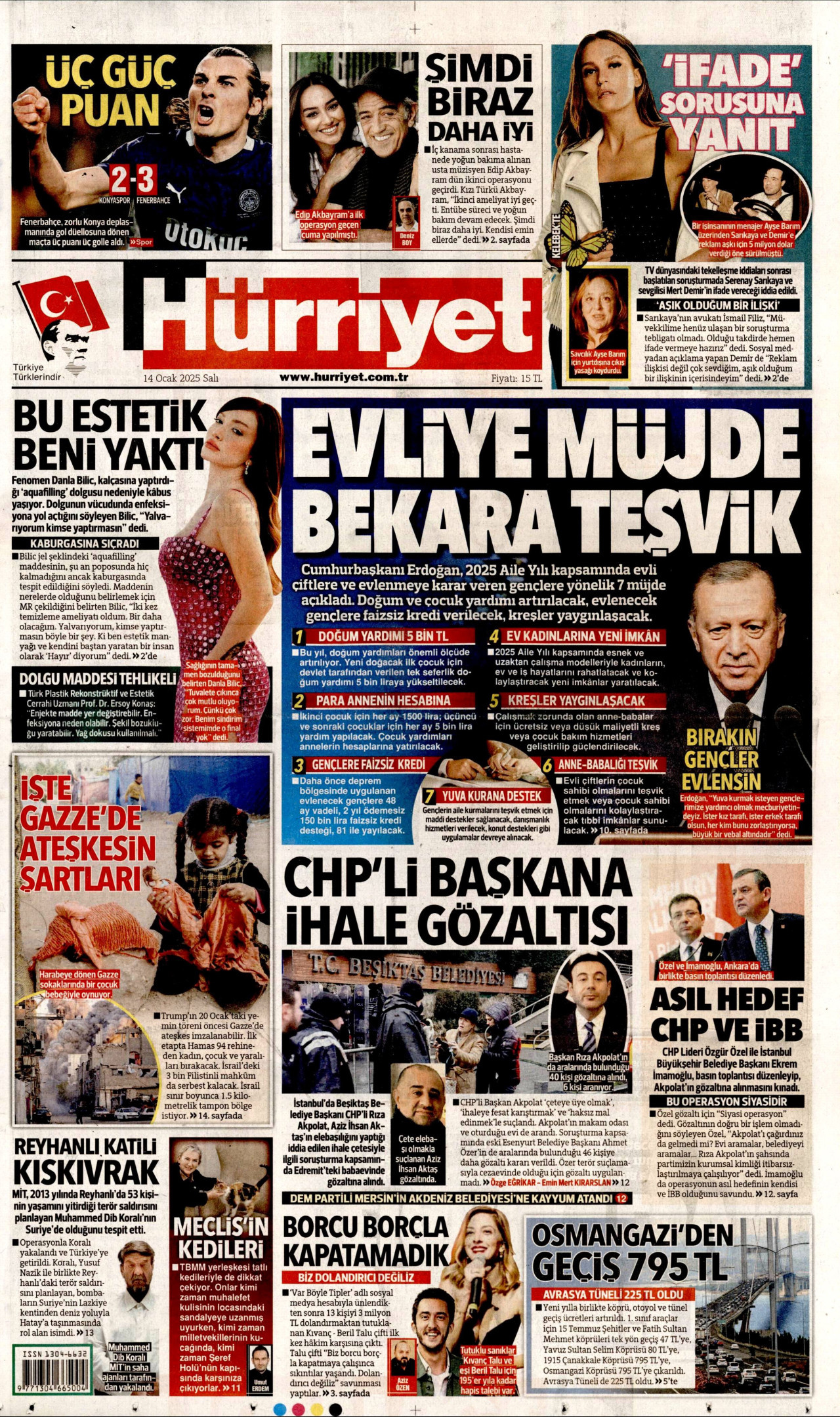 HÜRRİYET 14 Ocak 2025 Gazete Manşeti Büyük