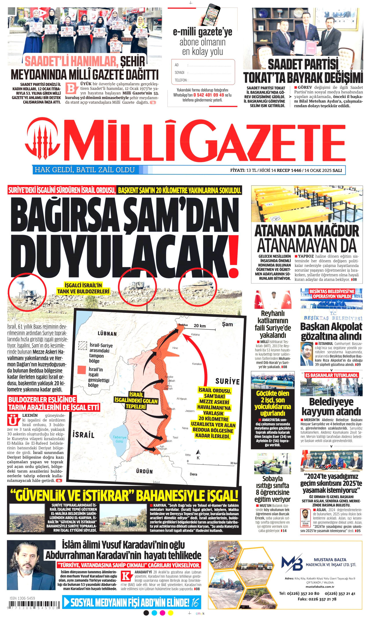 MİLLİ GAZETE 14 Ocak 2025 Gazete Manşeti Büyük