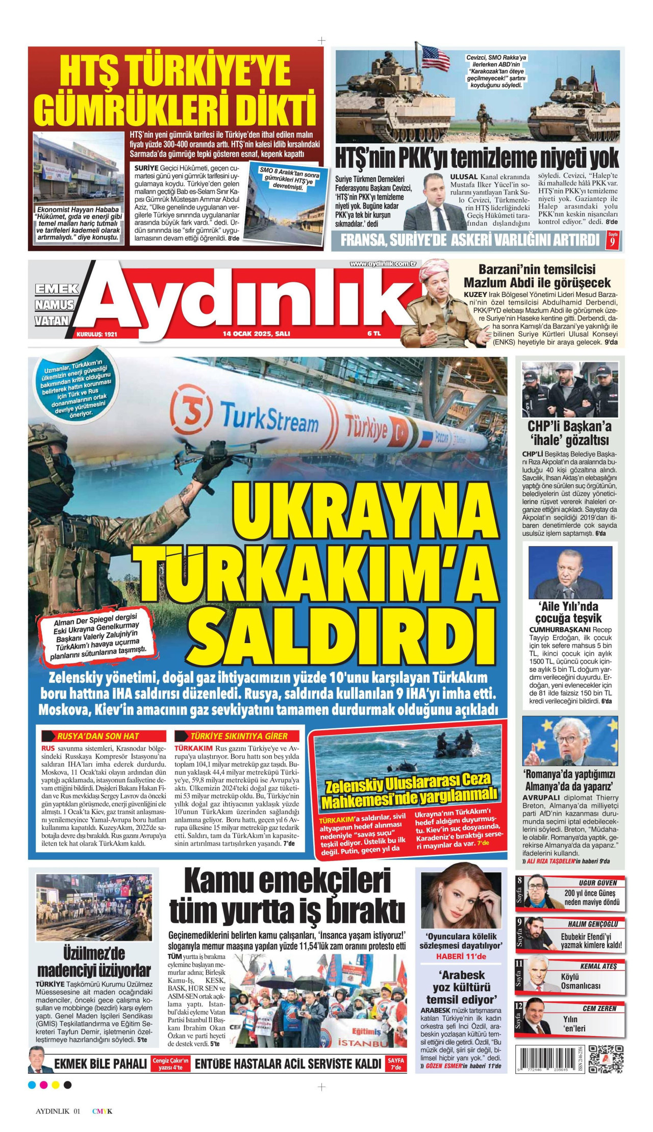 AYDINLIK GAZETESİ 14 Ocak 2025 Gazete Manşeti Büyük