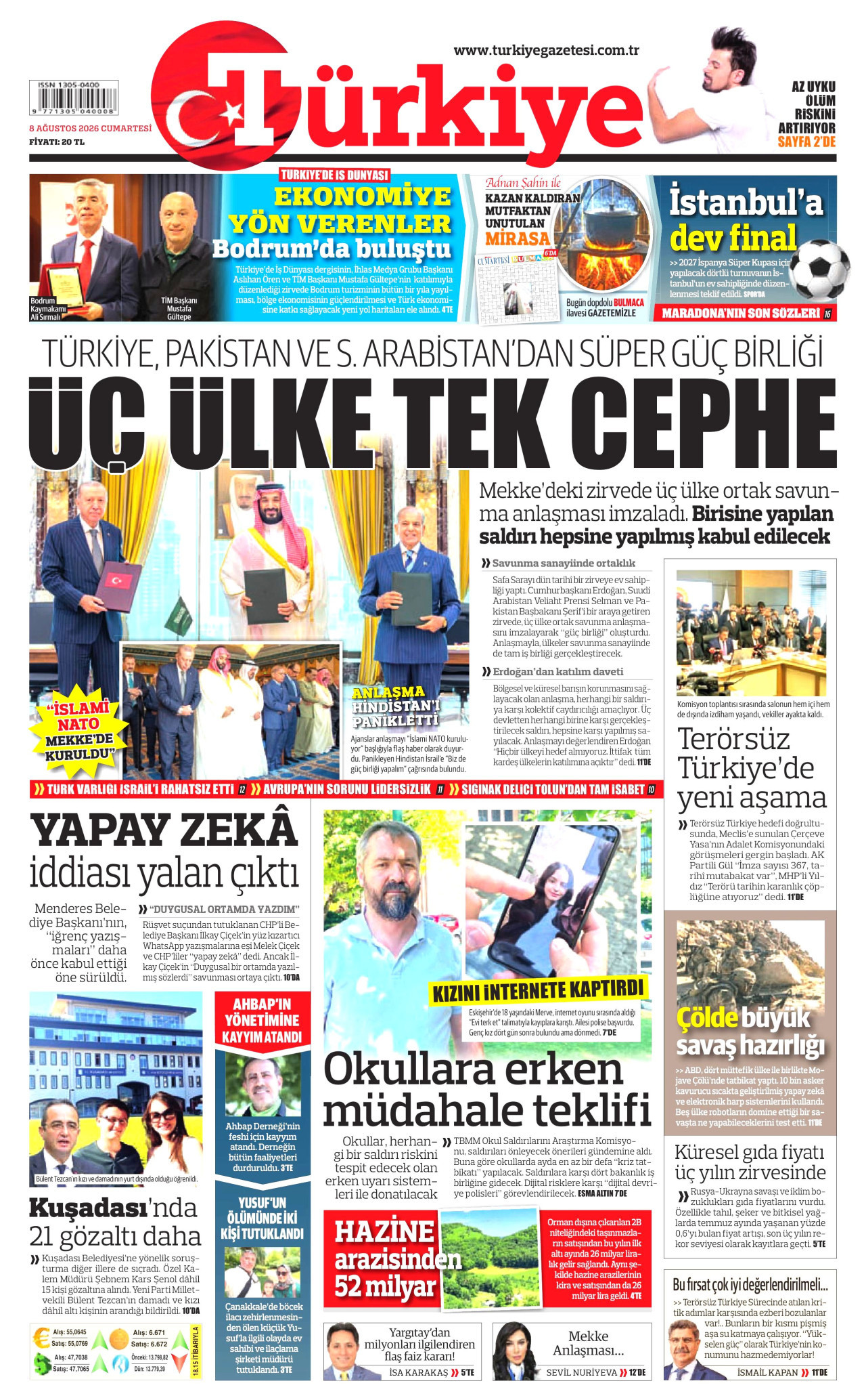 TÜRKİYE GAZETESİ 8 Ağustos 2026 Gazete Manşeti Büyük