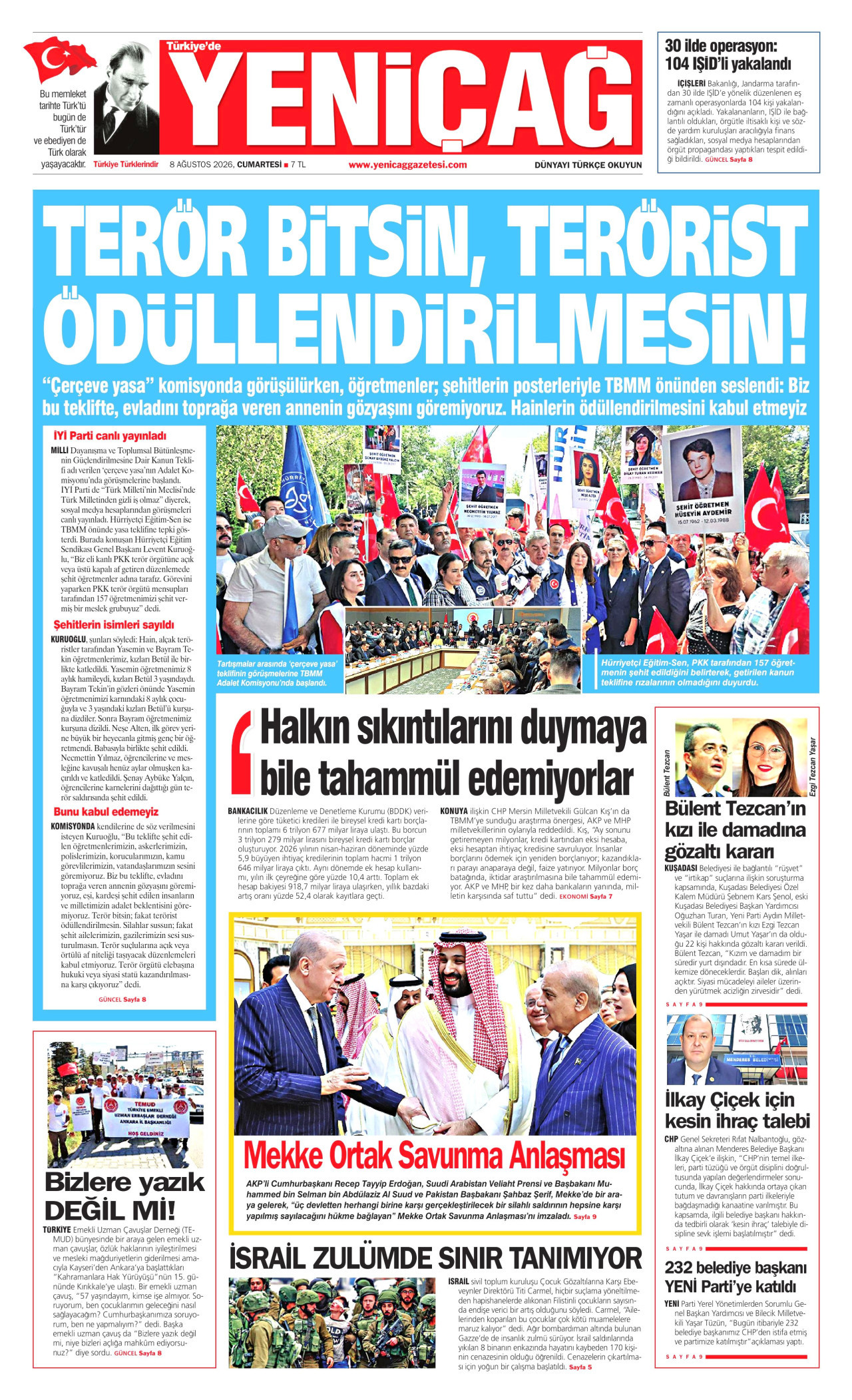 YENİÇAĞ 8 Ağustos 2026 Gazete Manşeti Büyük