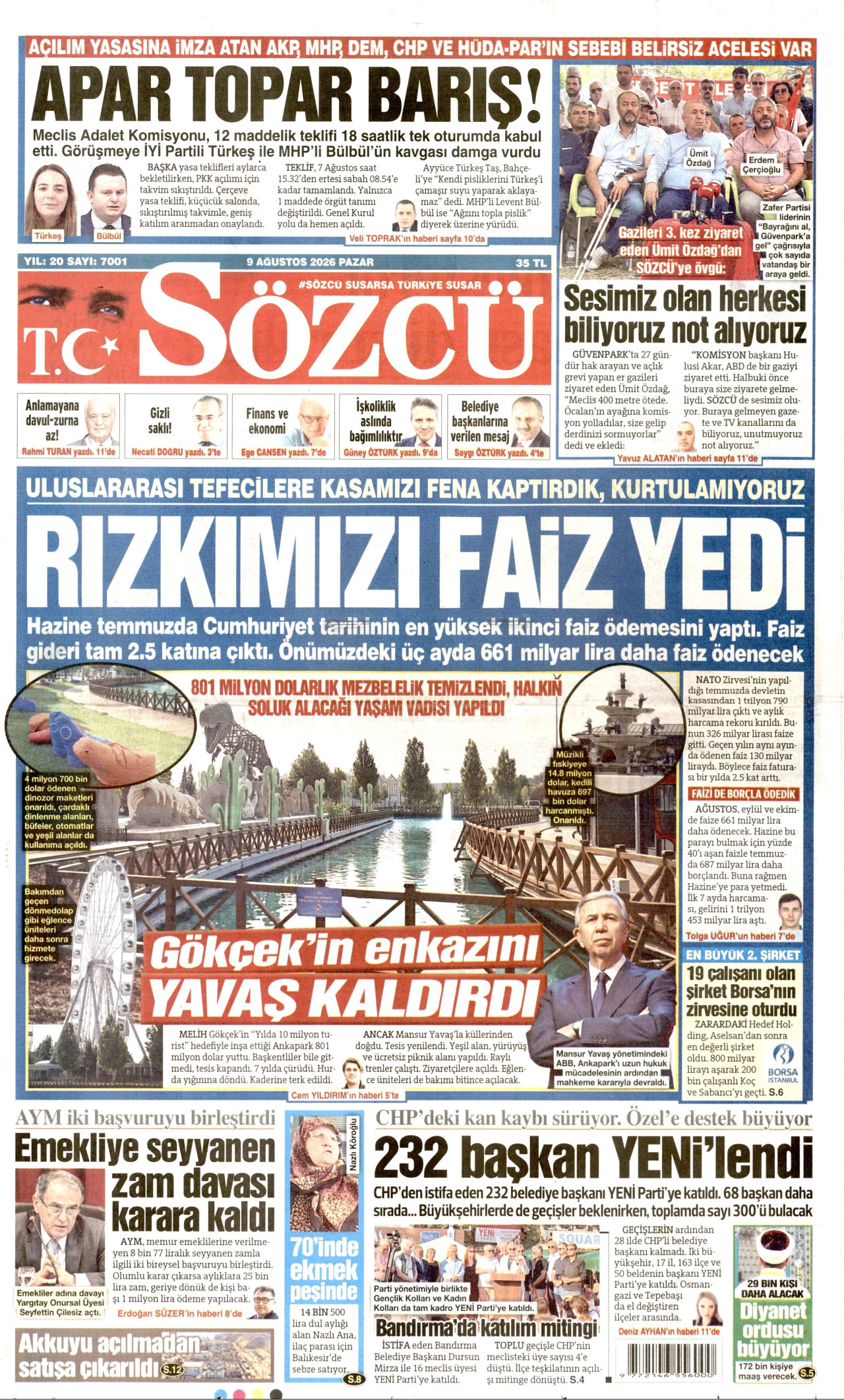 SÖZCÜ 9 Ağustos 2026 Gazete Manşeti Büyük