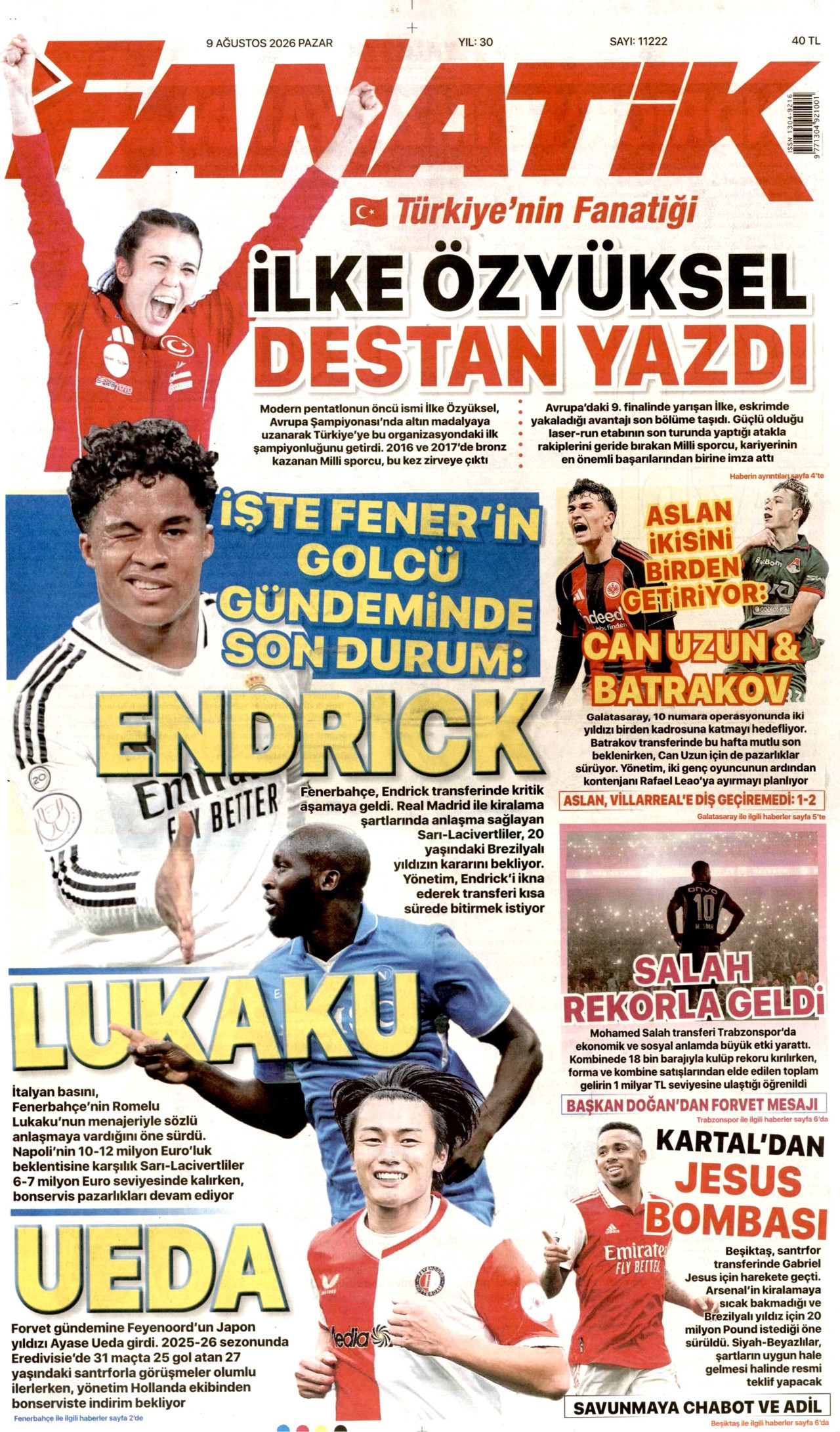 FANATİK 9 Ağustos 2026 Gazete Manşeti Büyük