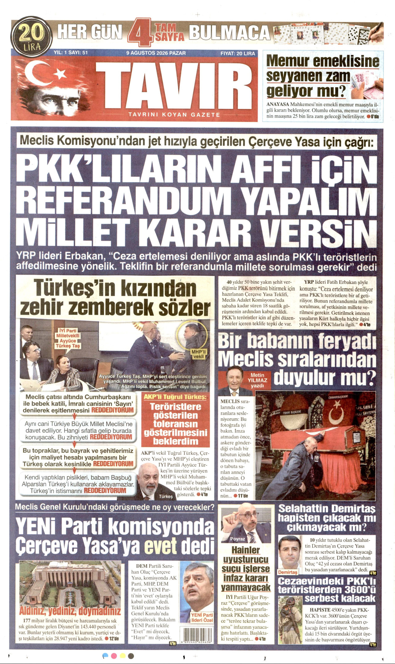TAVIR GAZETESİ 9 Ağustos 2026 Gazete Manşeti Büyük