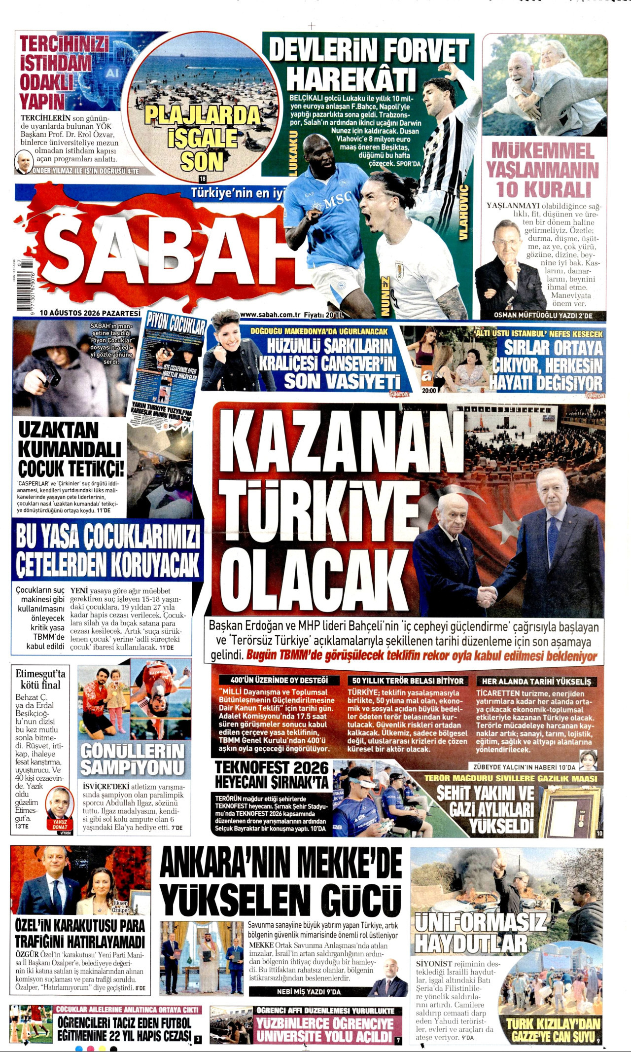 SABAH 10 Ağustos 2026 Gazete Manşeti Büyük