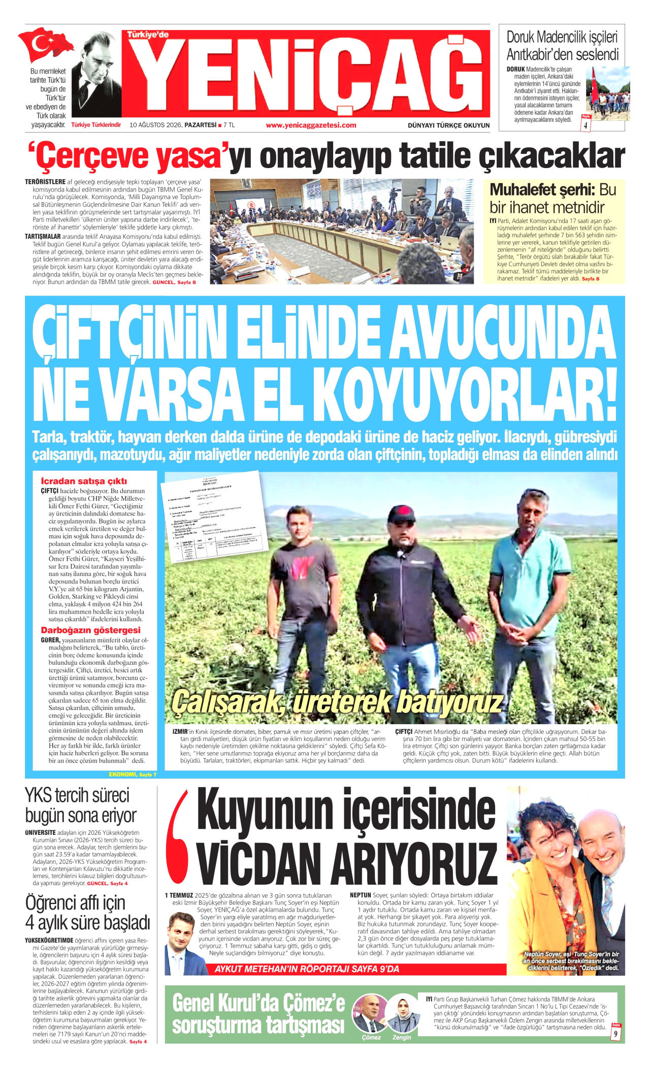 YENİÇAĞ 10 Ağustos 2026 Gazete Manşeti Büyük